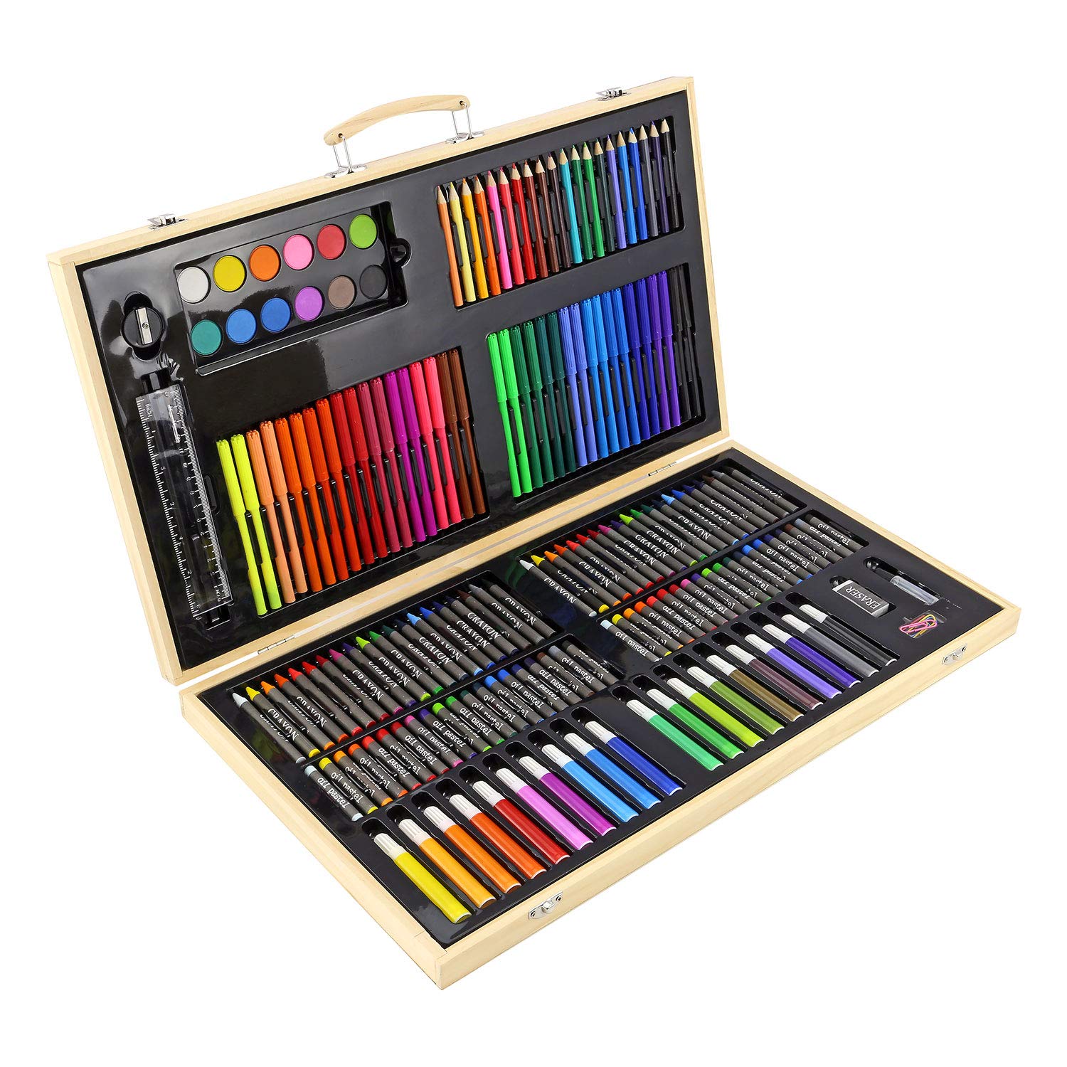 180pc Wooden Box Artist Set Deluxe Art Oil Pencils Pens Markers Paints Crayons - Perfect for beginners or budding artists Kids Adults