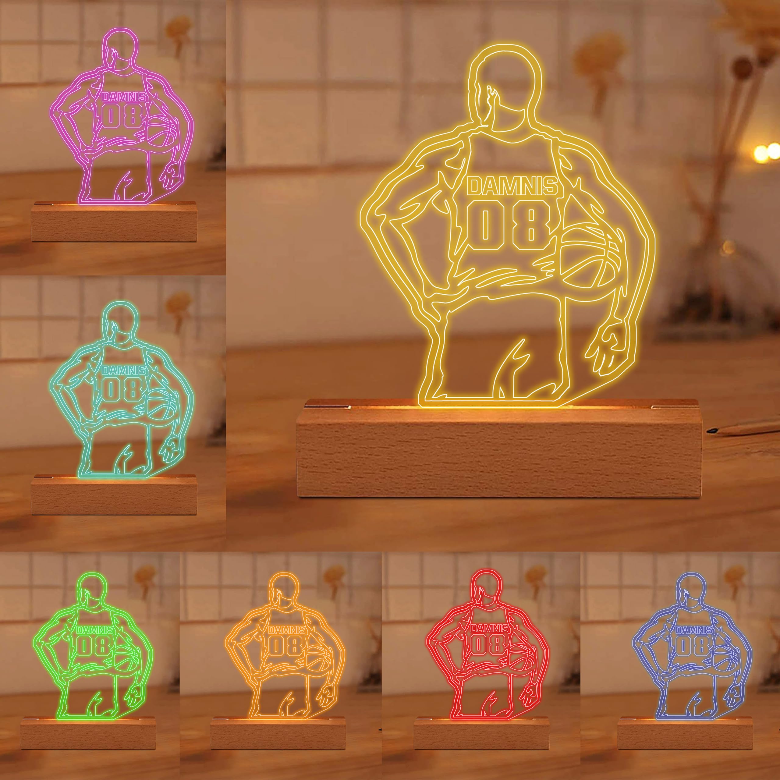 Collienght Personalized Basketball Player Name Number Acrylic Lamp Basketball Sports Night Light Basketball Illusion LED Lamp Bedroom Sports Decor Lamp for Kids Boy Men Basketball Lover Fans Coach