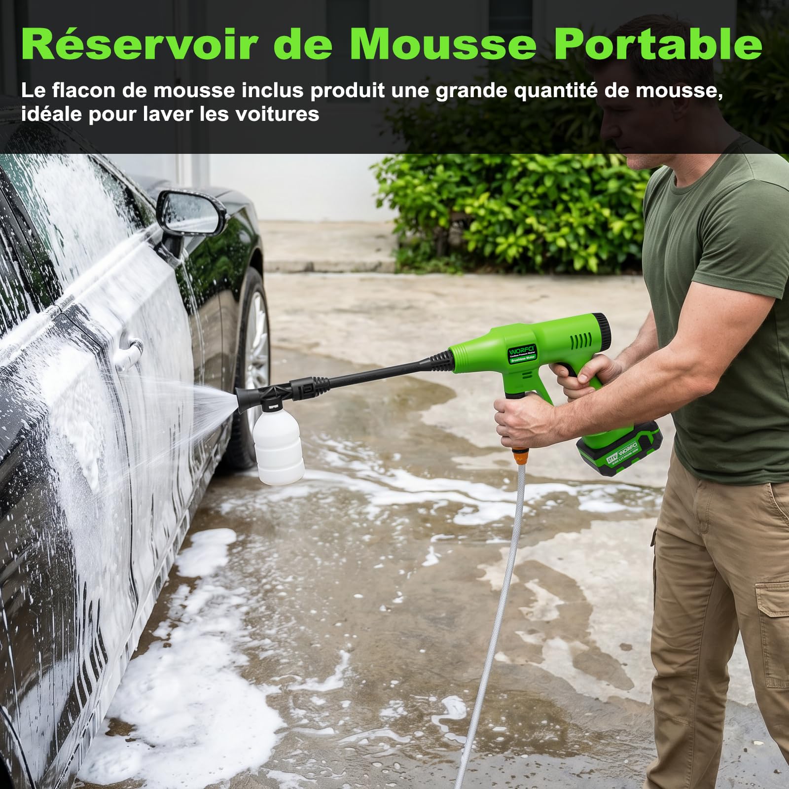 Nettoyeur Haute Pression sans Fil avec 2 Batteries, Nettoyeur Portable avec Buse Réglable 6 en 1, Tuyau Tressé de 6,5 m avec Raccord Robinet pour Voiture, Jardin, Terrasse