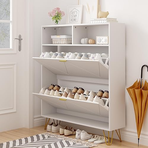 Miniatura 3 de JOZZBY Zapatero grande para entrada, armario de almacenamiento estrecho de 46 pulgadas con 2 cajones abatibles y estantes abiertos, organizador de