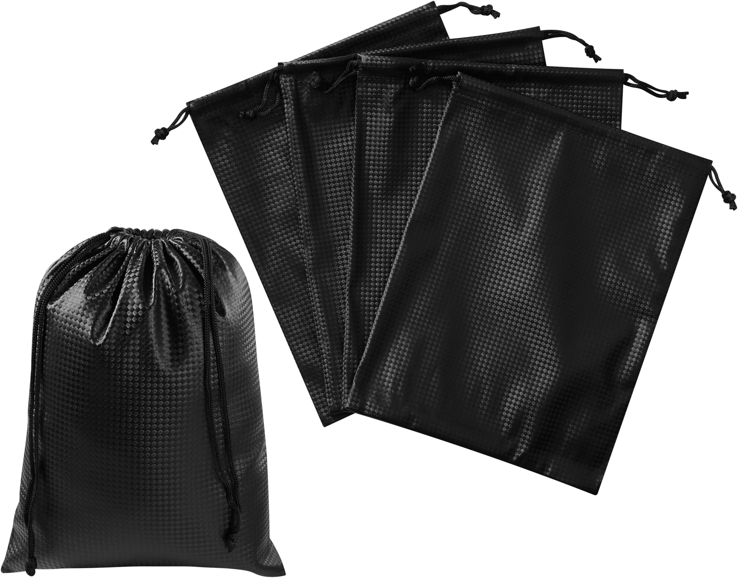Tech-Weave PU-Coated Drawstring Bags (Set of 5) Water-Resistant, Directional-Stretch Travel Organizers for Gym, Beauty, Tech Gear - Strong Wipe-Clean (Black 3D, 7 x 9 In)