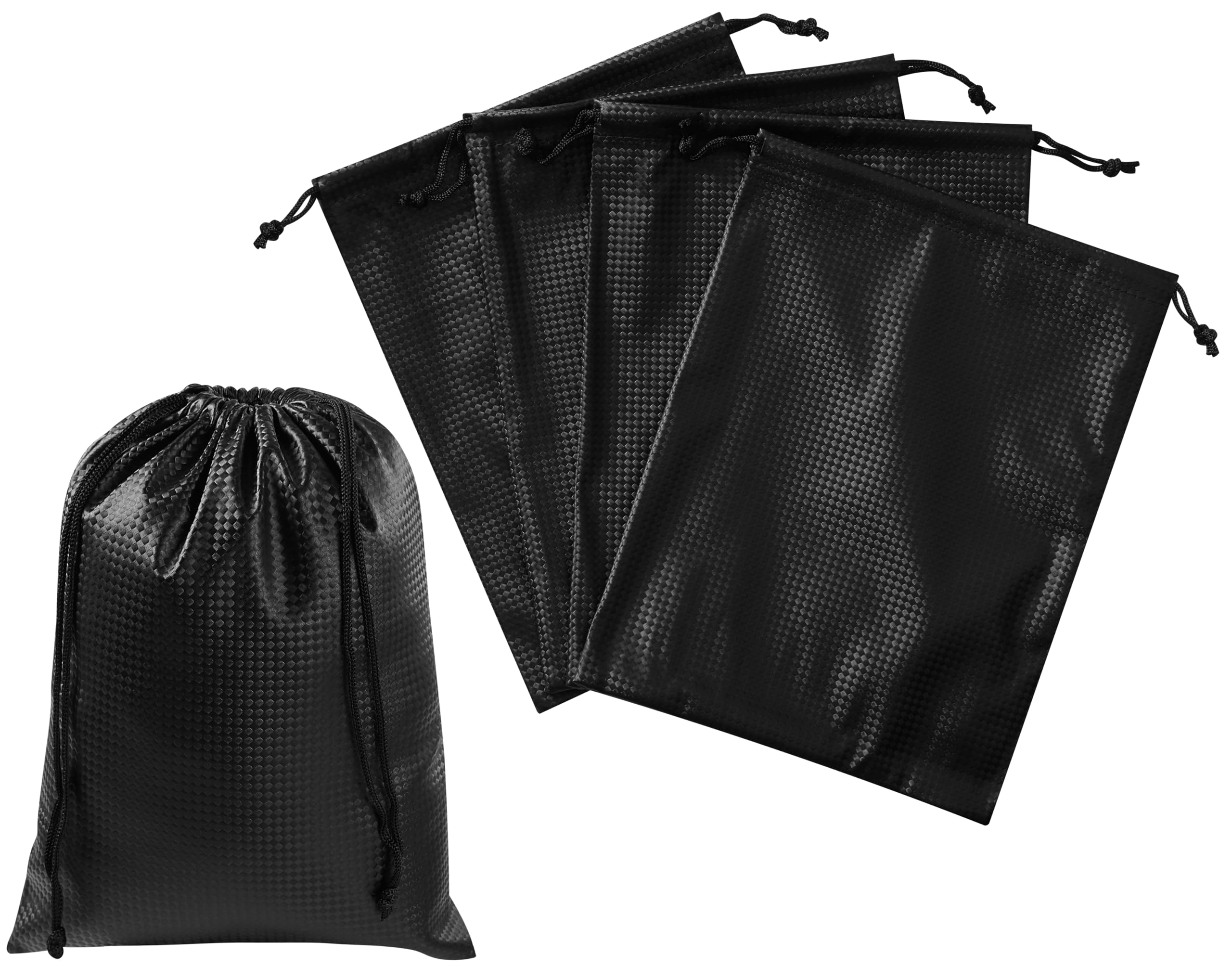 Tech-Weave PU-Coated Drawstring Bags (Set of 5) Water-Resistant, Directional-Stretch Travel Organizers for Gym, Beauty, Tech Gear - Strong Wipe-Clean (Black 3D, 7 x 9 In)