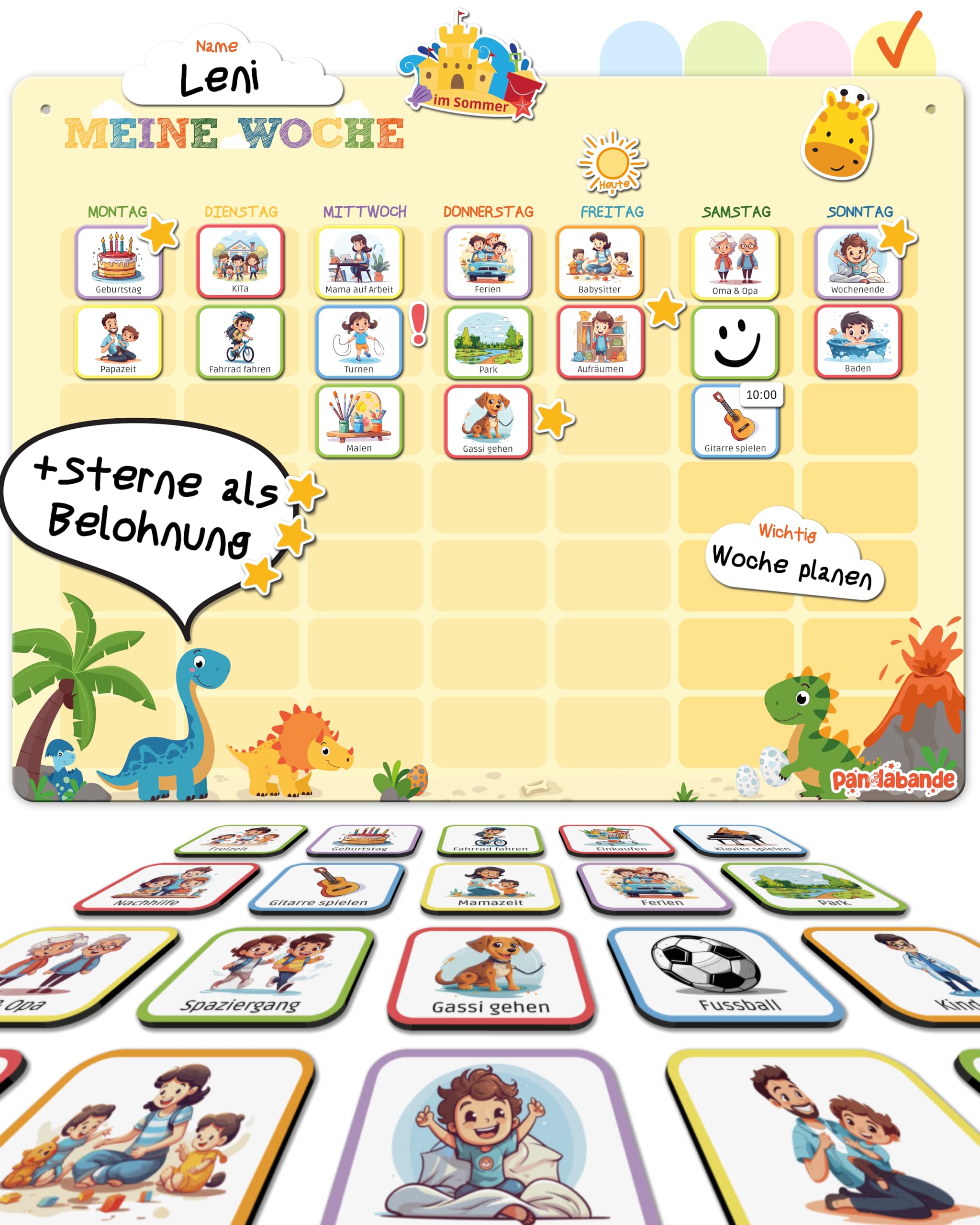 »PANDABANDE« Montessori Wochenplaner Kinder [Wetter, Belohnung, 210 Magnete] - Magnettafel für mehr Struktur im Alltag - Idealer Wochenplan Magnetisch (Dinosaurier)
