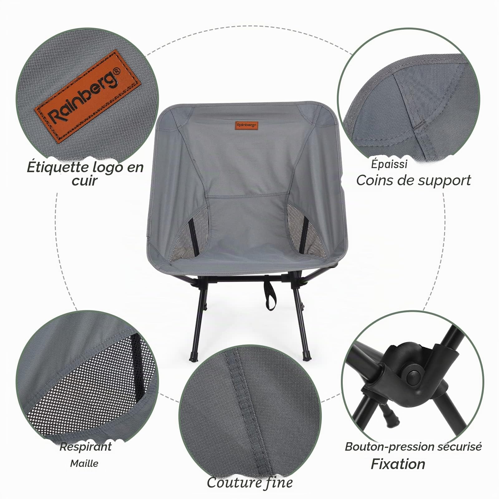 Rainberg Lot de 2 chaises de camping ultra légères pliantes, chaises de camping pour adultes, chaises de jardin pliantes pour pique-nique, barbecue (gris)