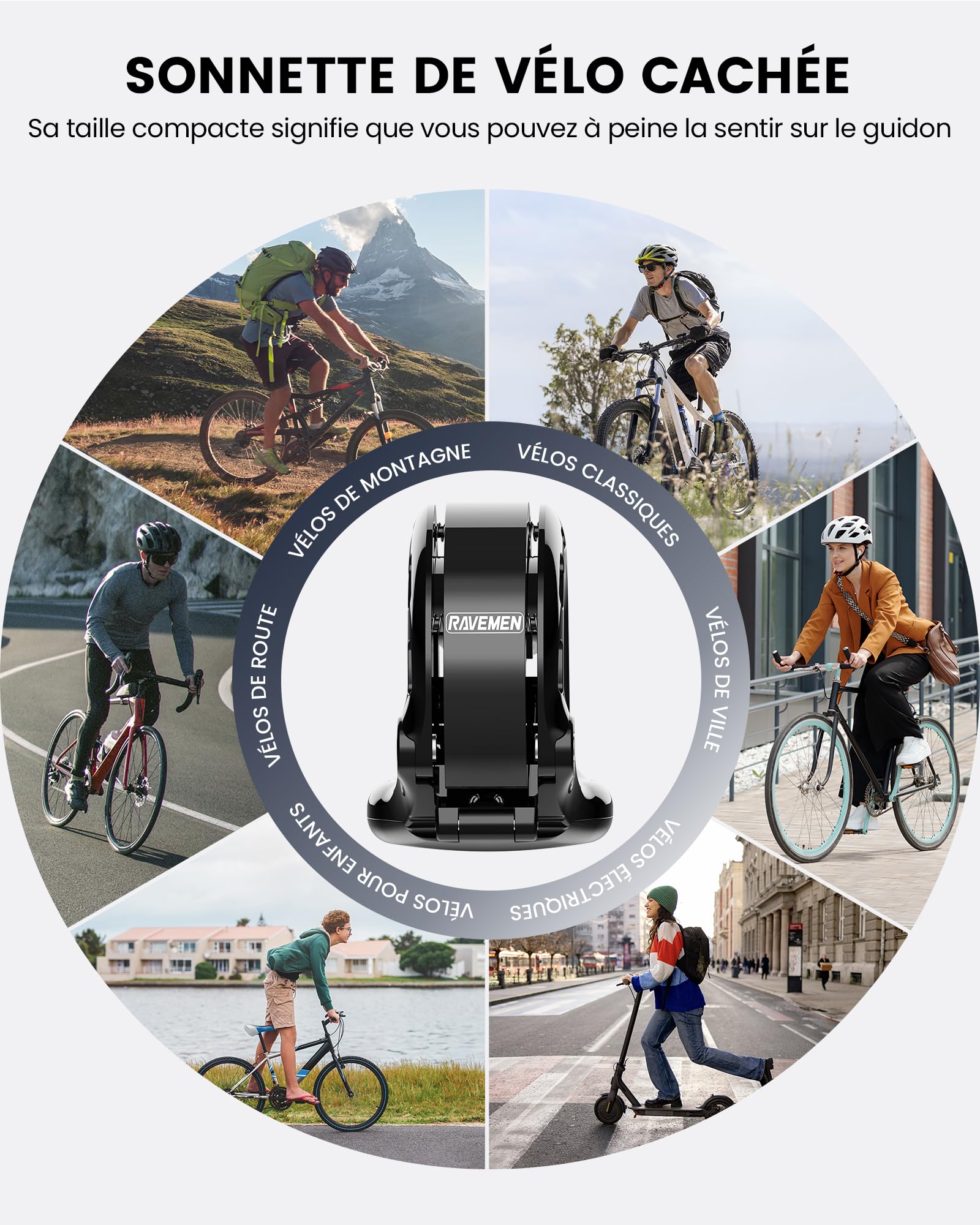 RAVEMEN Q2 Sonnette de Vélo Compatible AirTag 110 DB Antivol Support Guidon 22,2-31,8 mm