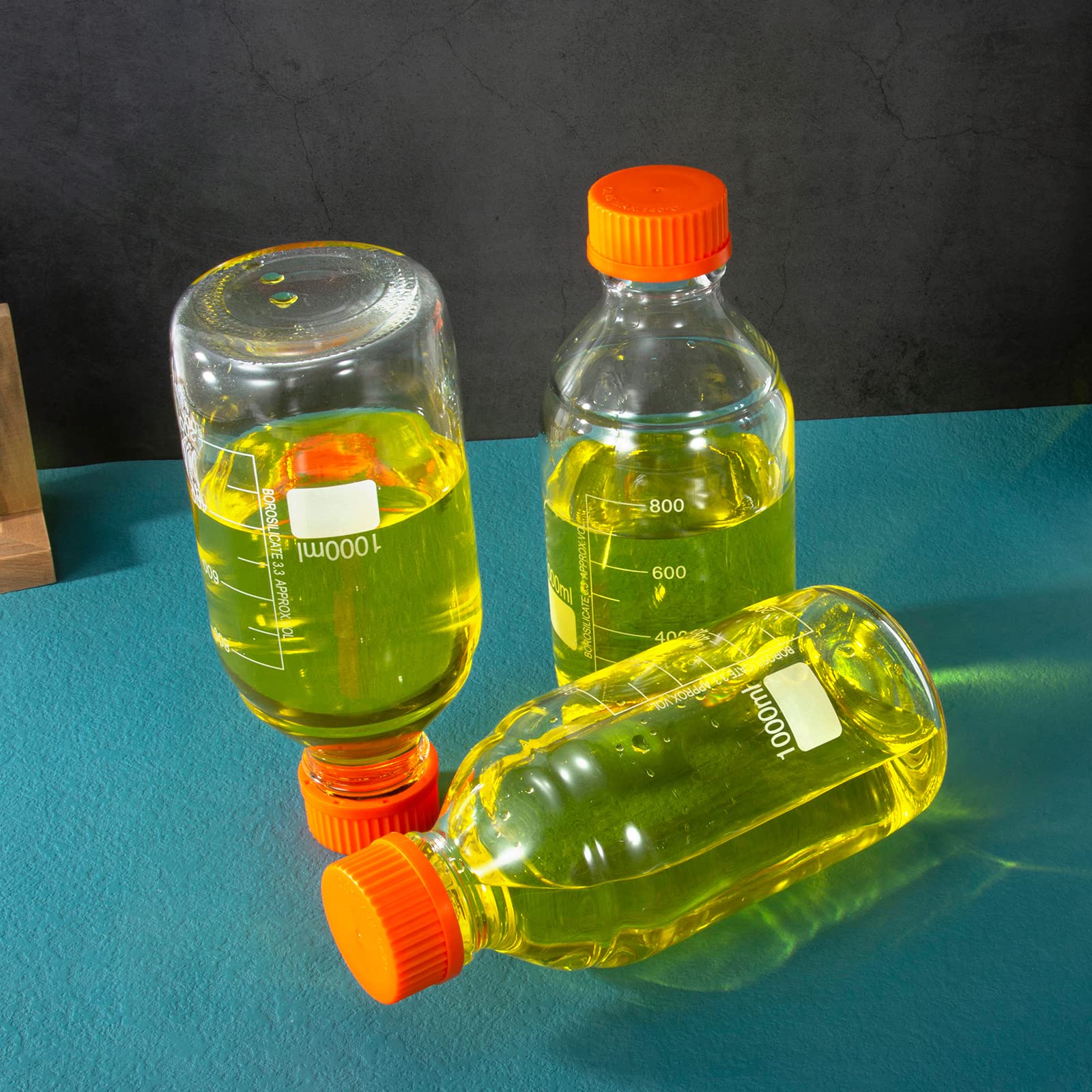 Botellas redondas de vidrio de borosilicato de 1000 ml con tapa de rosca GL45, temperatura máxima de 270 °F, paquete de 3