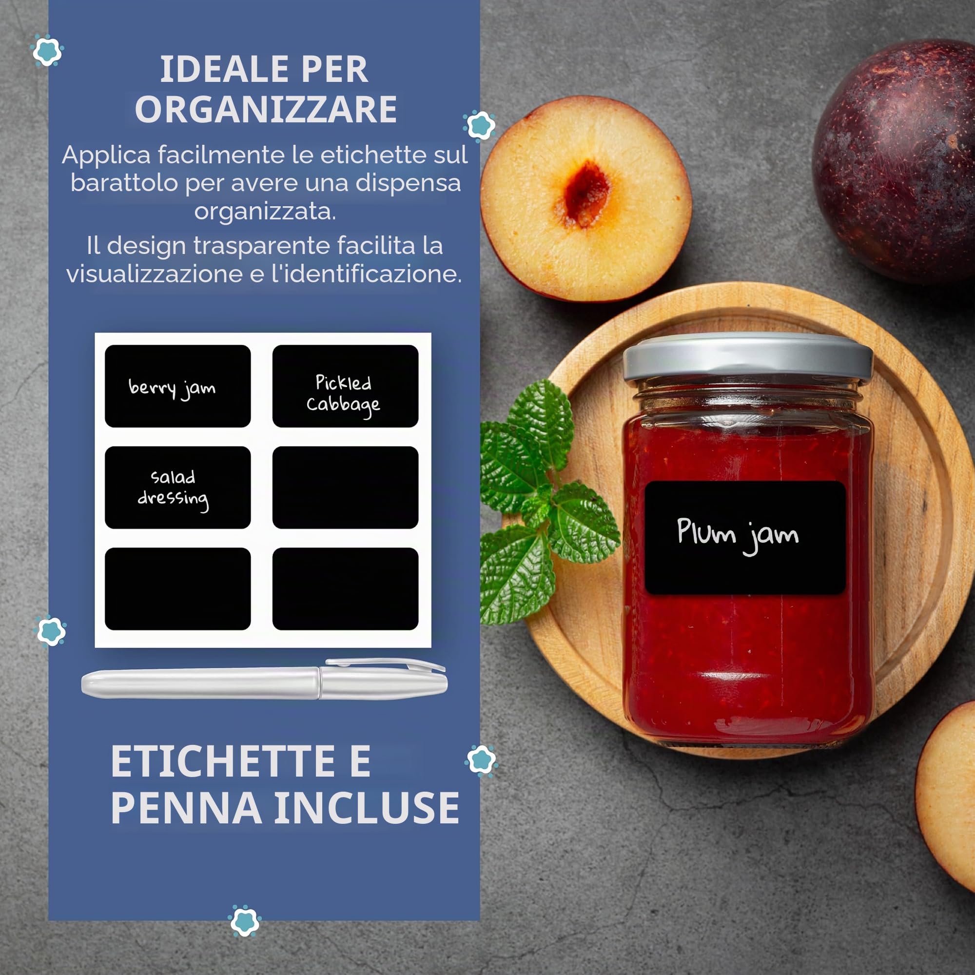 HEFTMAN Barattoli di Vetro con Coperchi - Confezione da 6 240ml Barattoli di Marmellata Riutilizzabili, Trasparenti, con Coperchi Ermetici Argentati, Etichette e Penna - Ideali per la Conservazione