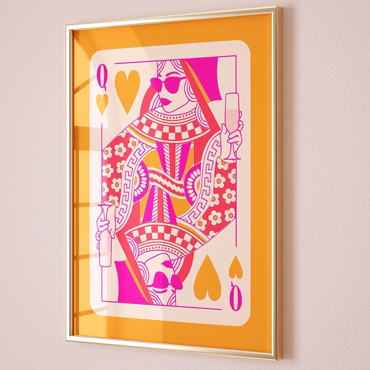 Queen of Hearts Playing Card Funky Wall Art Print – Vibrant Orange and Pink (A3)