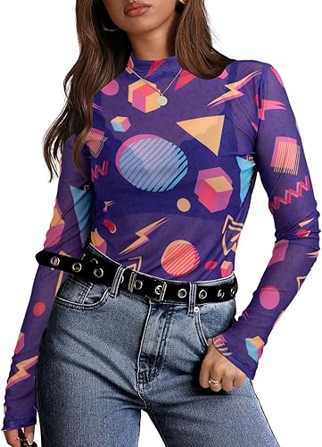 Vista 5 de Camisa de manga larga de malla de los años 80 y 90 para mujer, trajes de fiesta temática de los años 90 y 80, trajes retro sexy de neón con cuello