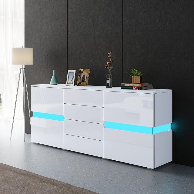 LED Sideboard Cabinet,TV Unit High Gloss Sideboards Storage Cabinet with 2 Doors 4 Drawers,TV Stands for Living Room (White)