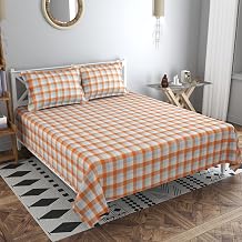 280 TC Soft 100% Organic Microfiber Check Bedsheet for Double Bed with 2 Pillows Covers 90x100 inches (Orange White)