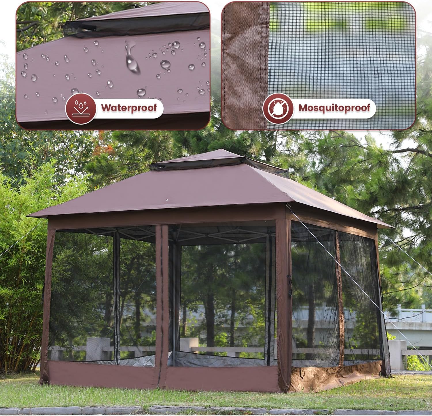 10'x10' Canopy Tent Patio Canopies with Mosquito Netting Waterproof Gazebos with Double Roof Tops for Backyard and Garden, Brown