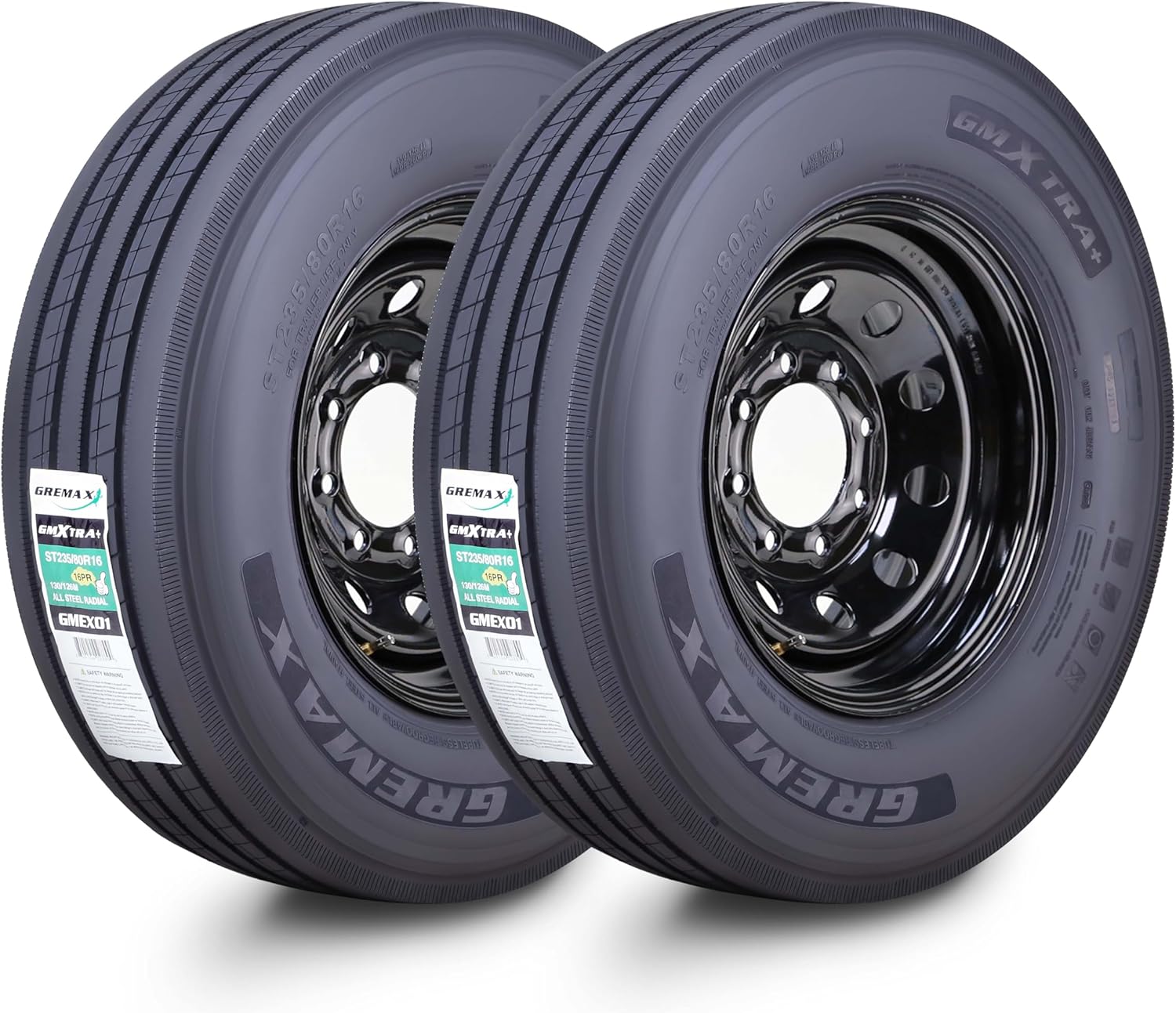 All Steel Trailer Tire Wheel Assembly ST235/80R16 14-Ply G 129M 8 Lug on 6.5" PCD Black Mod Rim,SET 2