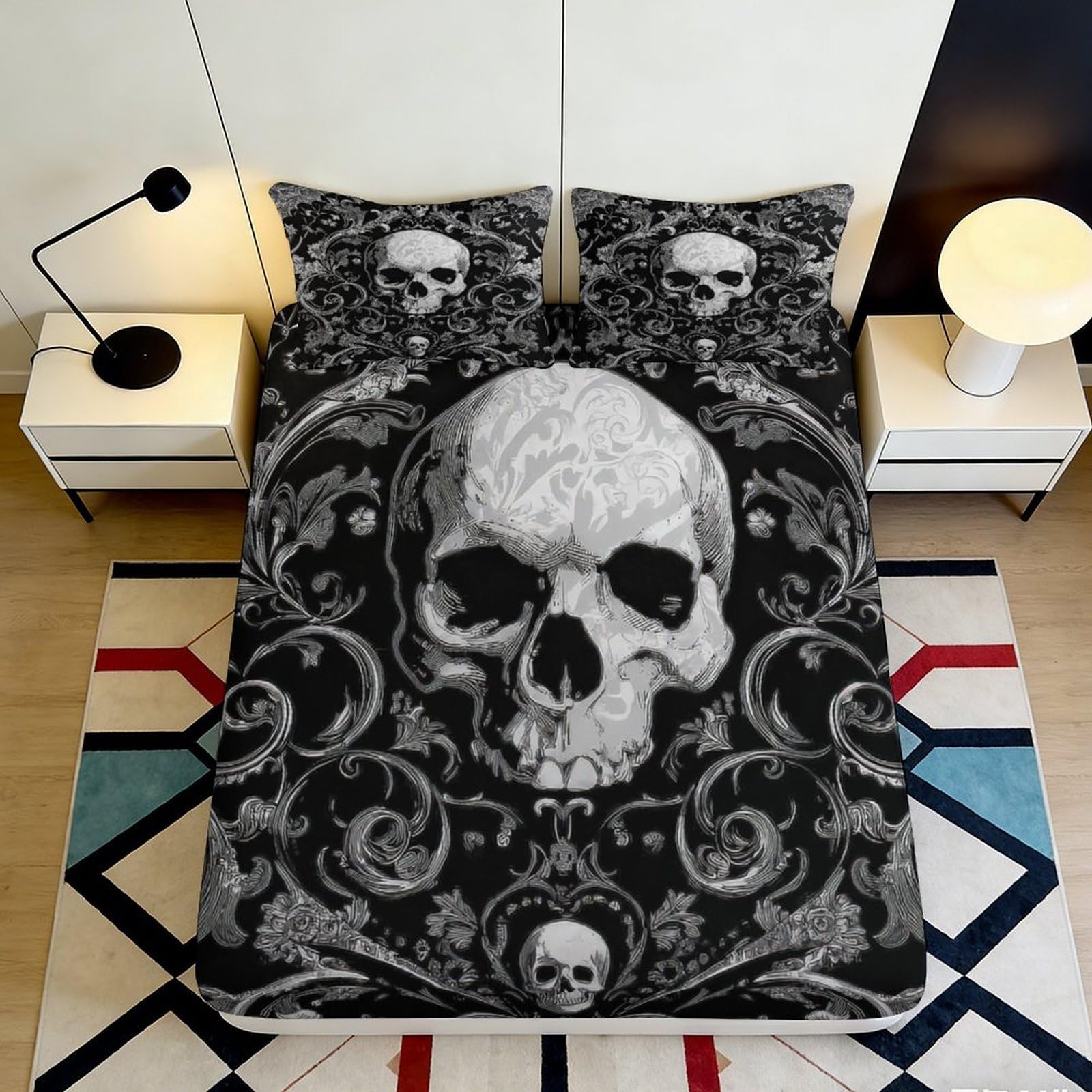Jqzkxnhpbr Style-5 3D Printed Skull Gothic Fitted Sheet Microfiber Black Bed Cover For Bedroom Decor, Anti-Slip, Easy Care, Dustproof 90X200x25cm
