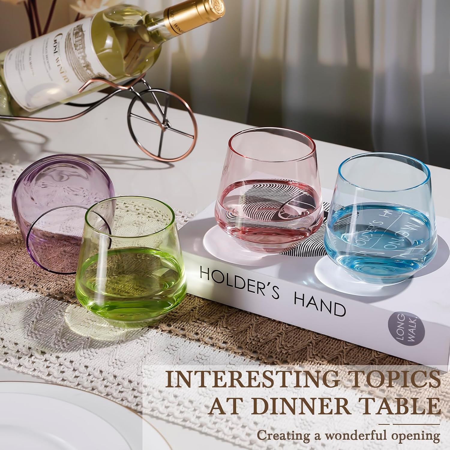 Physkoa Colored Stemless Wine Glasses Set of 6 - Colored Stemless Drinking Glasses, Multicolor Glassware for Party Bar