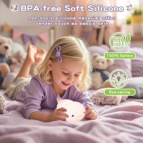 Miniatura 4 de Axolotl - Luz nocturna para niños, bonita lámpara de ajolote morado, luz nocturna LED blanda para guardería, lámpara táctil de cabecera de silicona