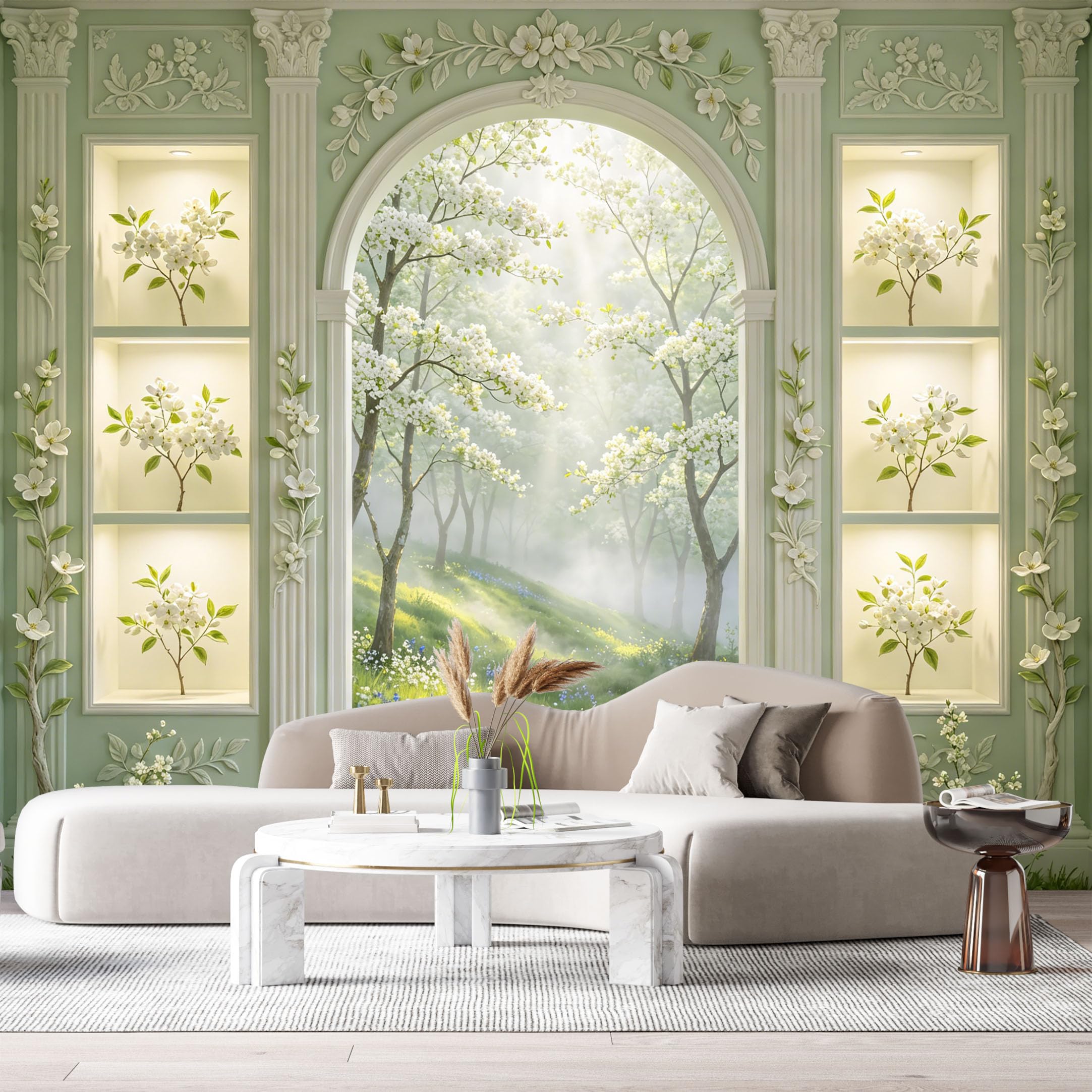 Custom Size Wall Murals Neoclassical Forest Floral 3D Trompe L'Oeil SelfAdhesiveWall Fabric Removable Wallpaper Wall Decor for Living Room Bedroom Bathroom