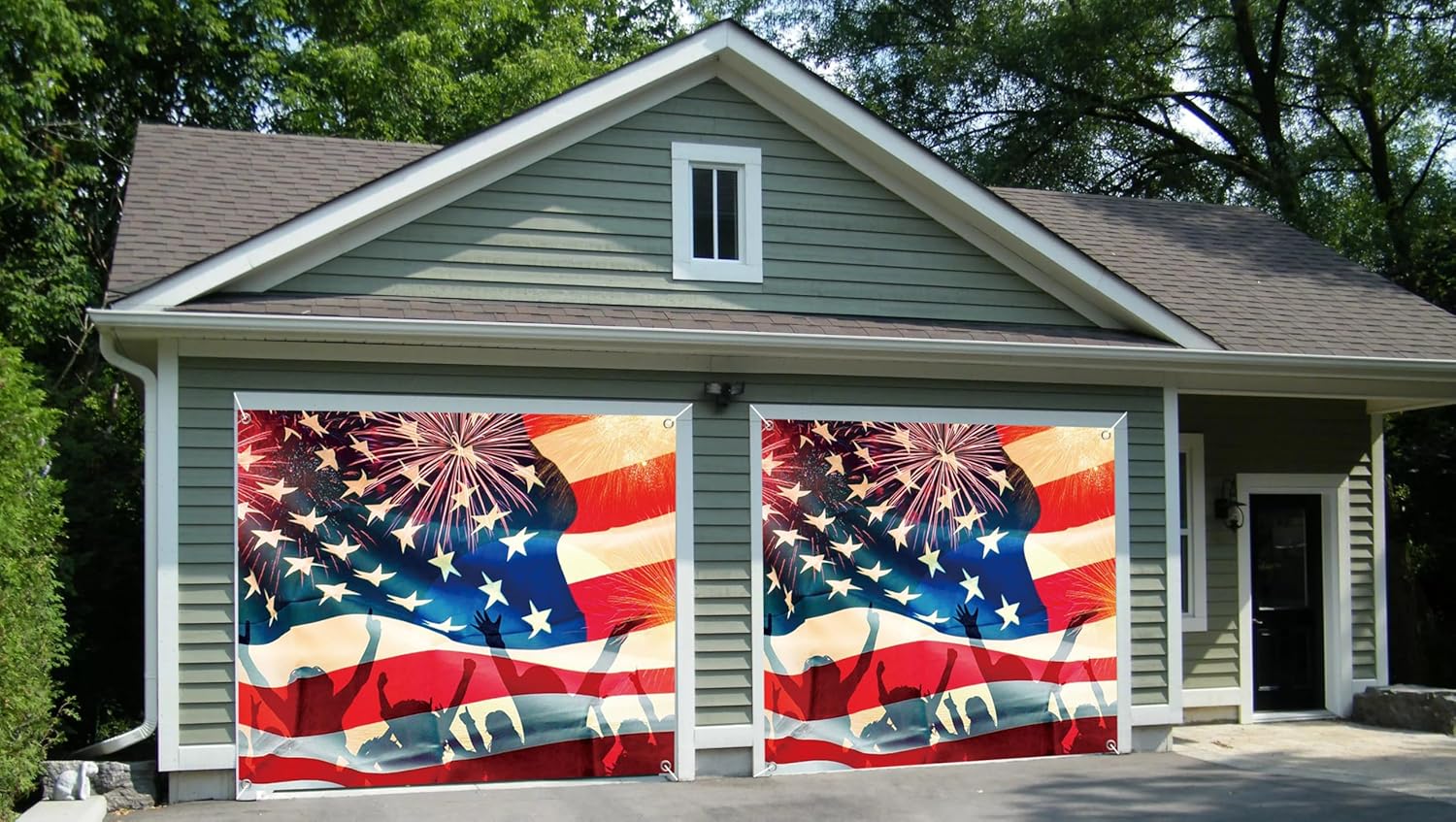 7x8ft American Flag Garage Door Decor Red Blue Star Flag Golden Firework Celebrating Garage Door Cover Independence Day 4th of July Patriotic President's Day Garage Door Decor