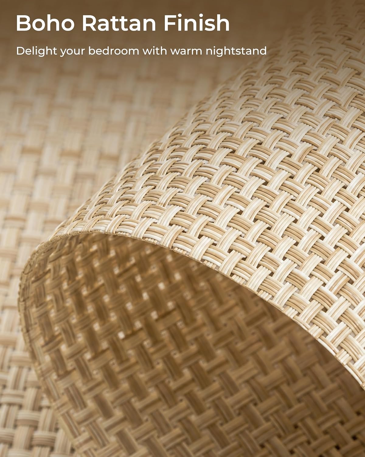 Rattan Nightstand, Boho Side Table with Drawer and Storage Shelf, Bedside Night Stand with Golden Handle, Wooden End Table for Bedroom, Dorm and Small Spaces, Natural