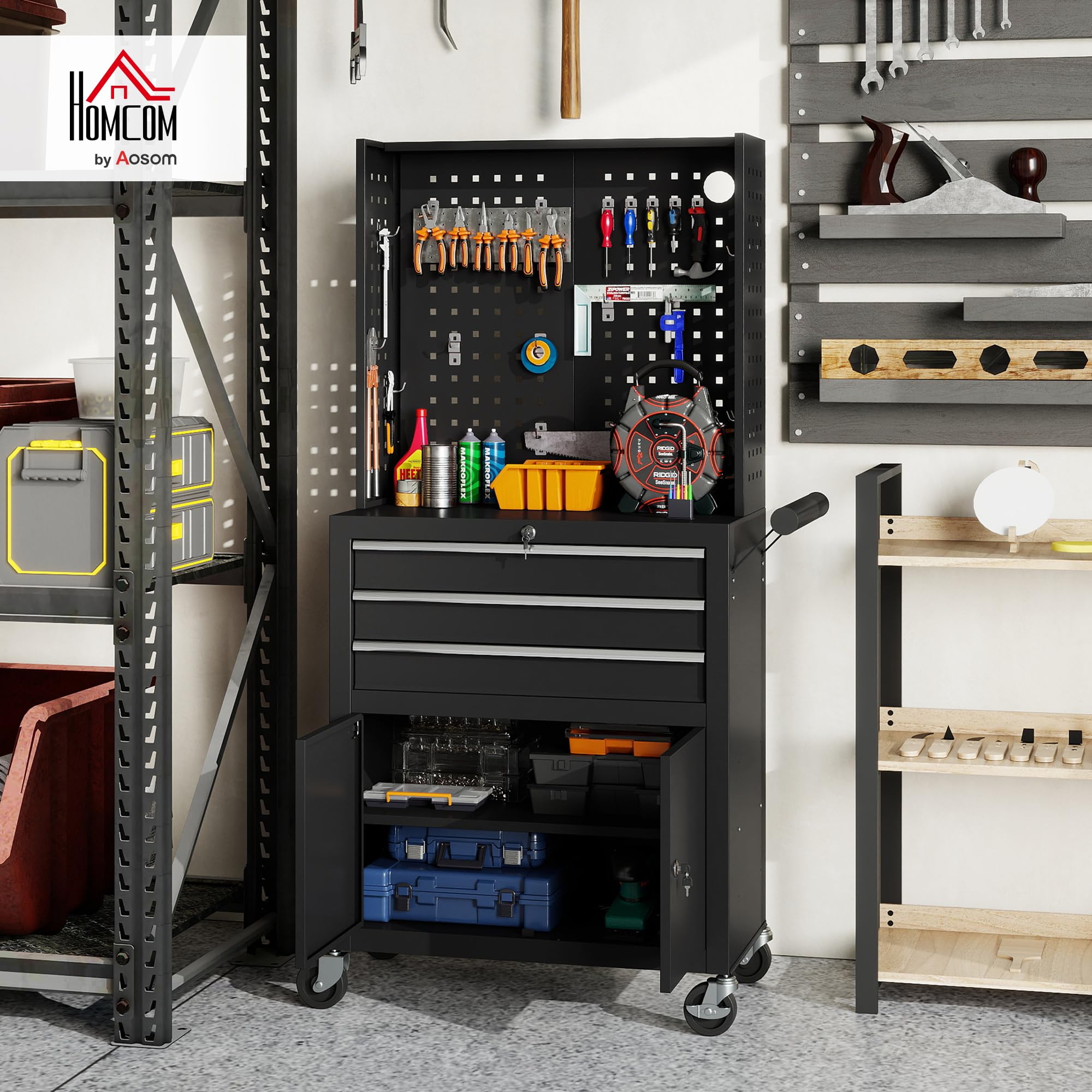 HOMCOM Carro de Herramientas con 3 Cajones y Pegboard, Carro de Taller con Cerradura de Llave, Estante Regulable, 2 Ruedas con Freno, Negro