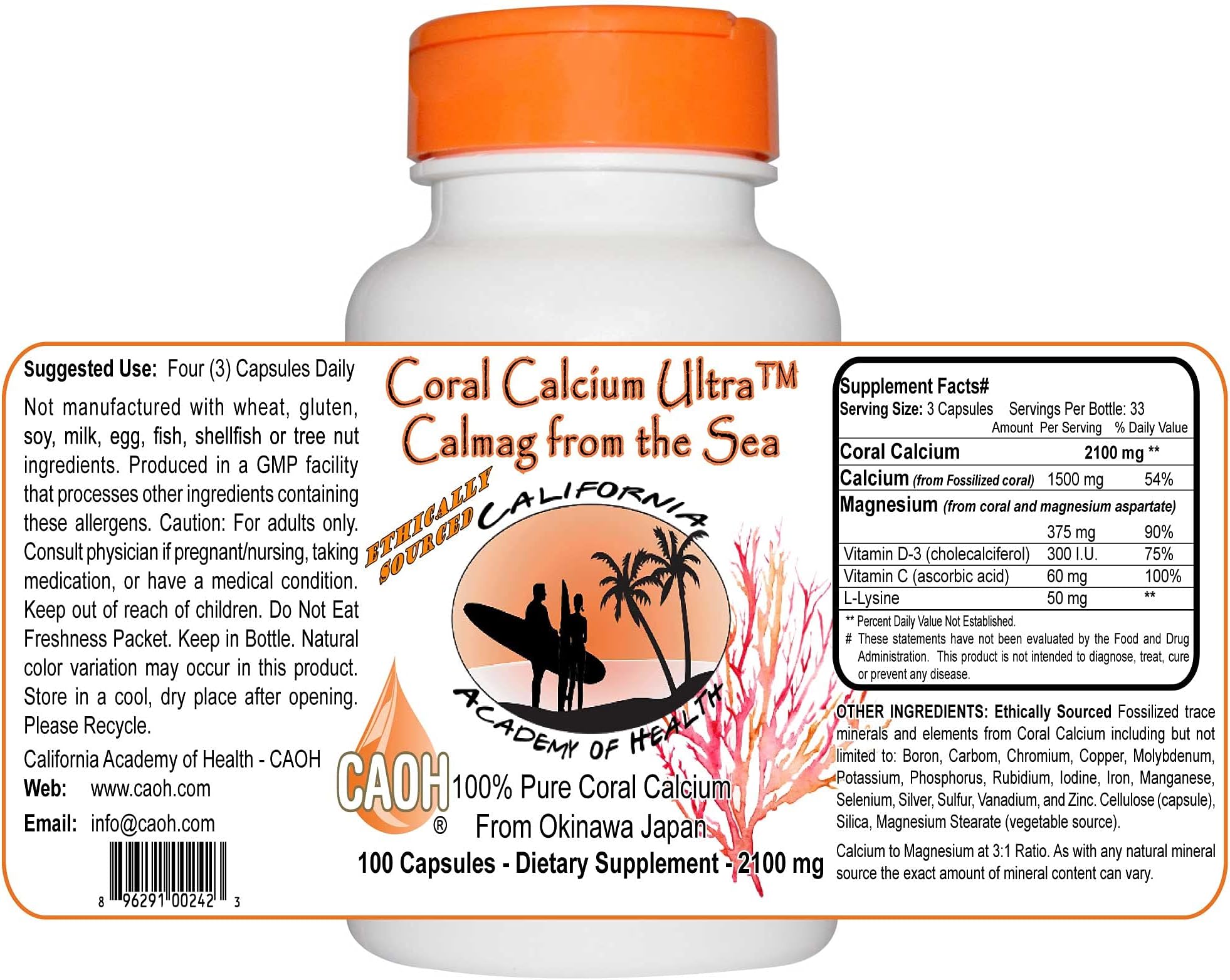 Coral Calcium Capules from CAOH® (1 Bottle: 2100 mg per Serving - 100 Capsules)