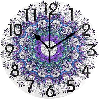 ZzWwR Beautiful Ornament Mandala Print Round Wall Clock, 9.5 Inch Battery Operated Quartz Analog Quiet Desk Clock for Home,Office,School