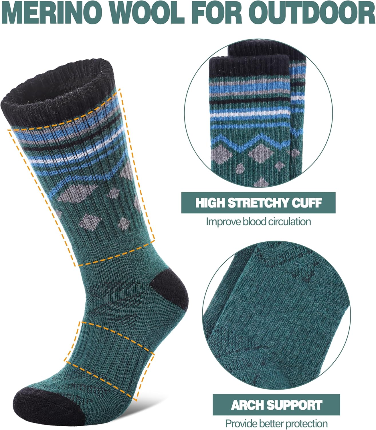 LANLEO Merino Wool Hiking Socks for Women Men Thermal Winter Warm Thick Cushion Moisture Wicking Crew Work Boot Socks - Image 3