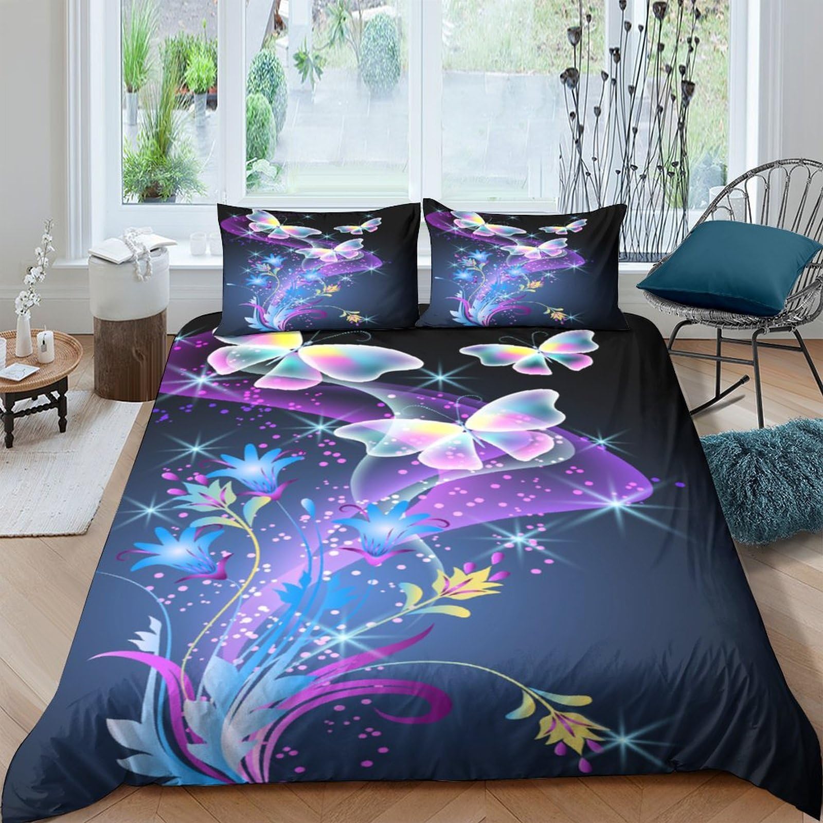 Ctjqhvkz Style-1 3D Printed Butterfly Night Sky Fitted Sheet Microfiber Soft Breathable Floral Mattress Cover For Bedroom Dorm Decor Single（135X200cm）