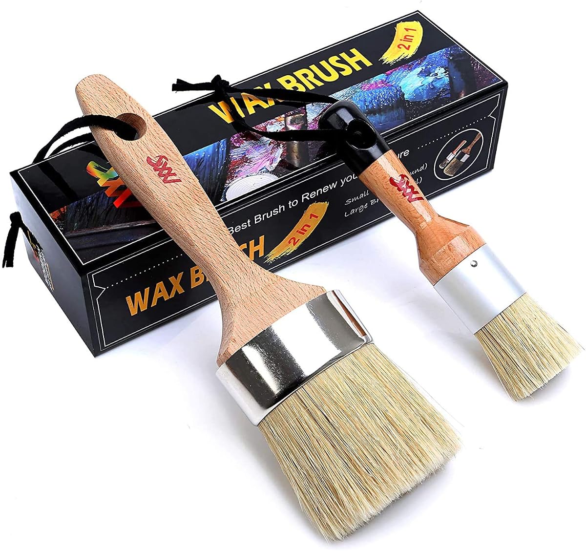 Chalk and Wax Paint Brushes for Furniture, 2 Pack Natural Bristles | 2.5 Inches Natural Wax Application Brushes with round and oval designs for furniture painting, waxing, and refinishing