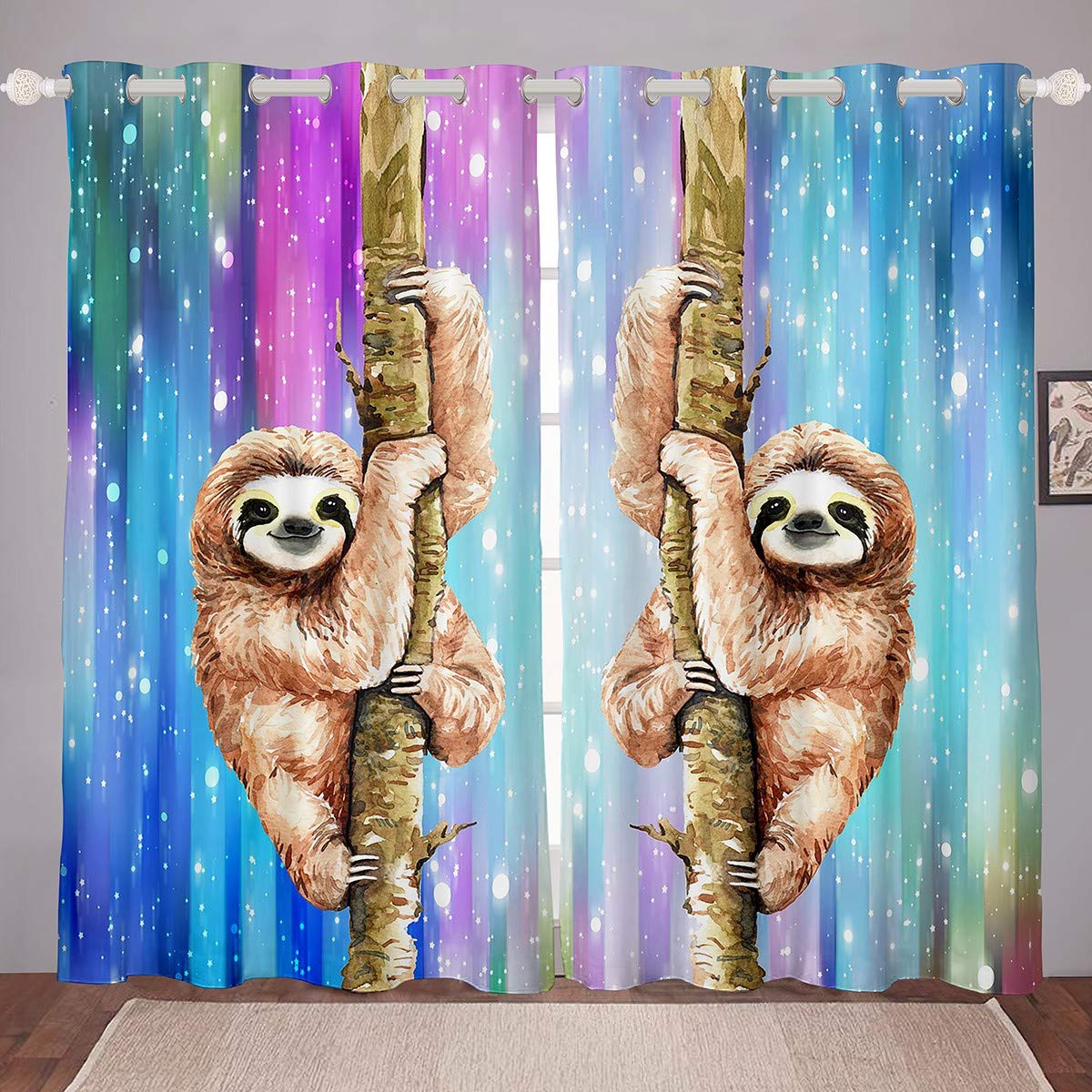 Loussiesd Cartoon Sloth Window Curtains for Bedroom Living Room Galaxy Curtains Kids Boys Universe Starry Sky Window Drapes Glitter Funny Animal Botanical Design Window Treatments W46*L72 โ image 1