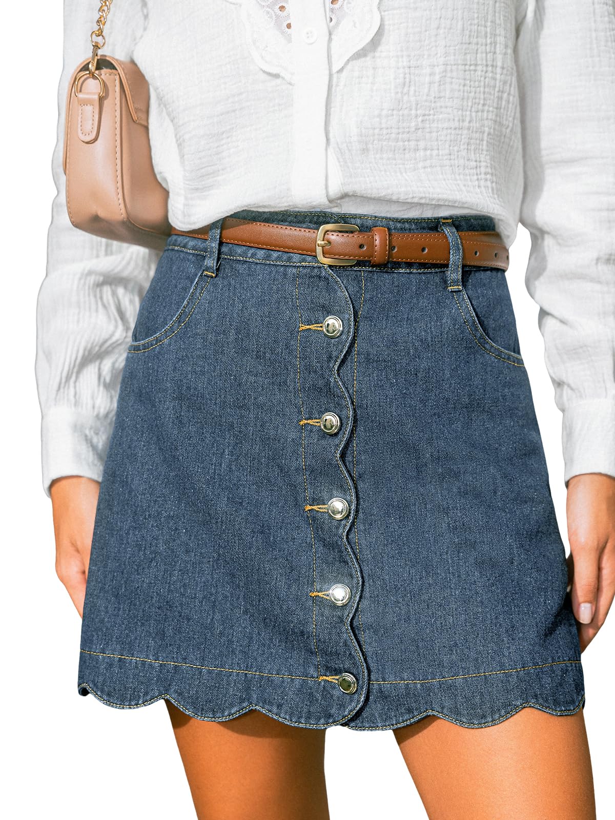 CUPSHE Mini falda vaquera para mujer, cintura alta, dobladillo ondulado, minifalda vaquera informal con bolsillos
