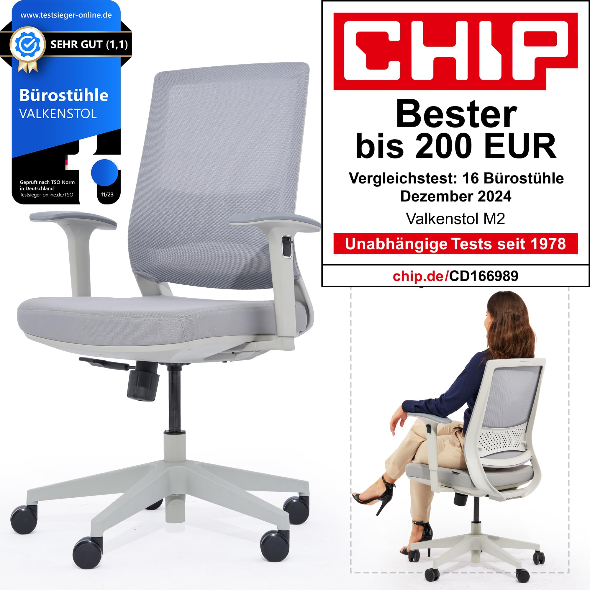 VALKENSTOL M2 Bürostuhl Ergonomisch mit individuell konfigurierbarer Armlehne und Kopfstütze für maximale Bewegungsfreiheit - bequemer Schreibtischstuhl für Büro und Home Office