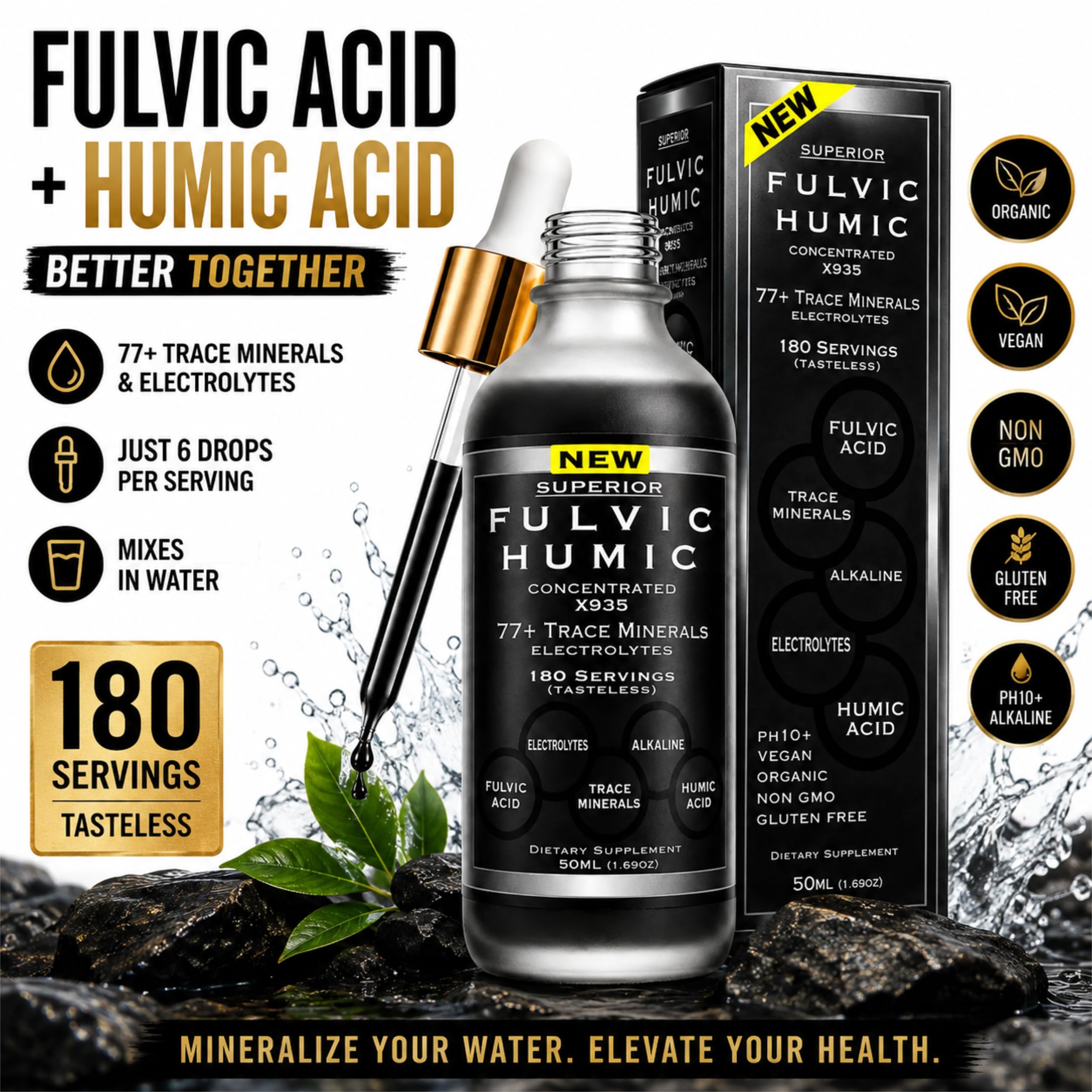 Fulvic Humic Mineral Blend Drops – 77+ Trace Minerals & Electrolytes — Amazon image 2