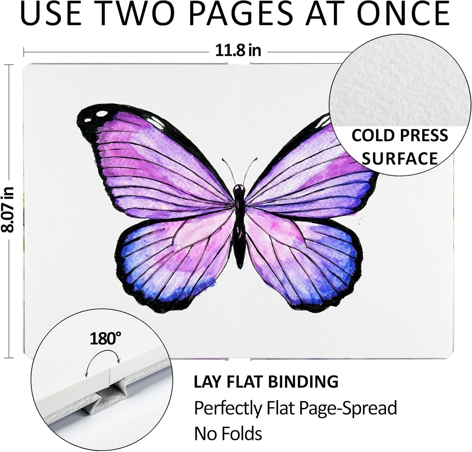 Sketch Book Hardcover 60 Pages Thick 400 GSM / 180 lb Acid Free Watercolor Paper Lay Flat Bound 6,14“ x 8,25“ Cold Press 25% Cotton, for Painting Wet Media for Kids Adults Beginners and Professionals