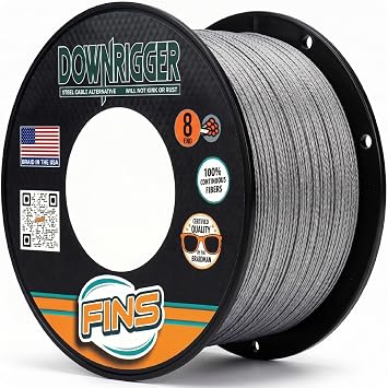 FINS Downrigger Braided Fishing Line USA Made, High Strength Steel Gray Braid for Deep Water Trolling, Reduces Blowback and Cable Hum, No Kink No Rust, Stainless Wire Replacement, 8 Strand Braid