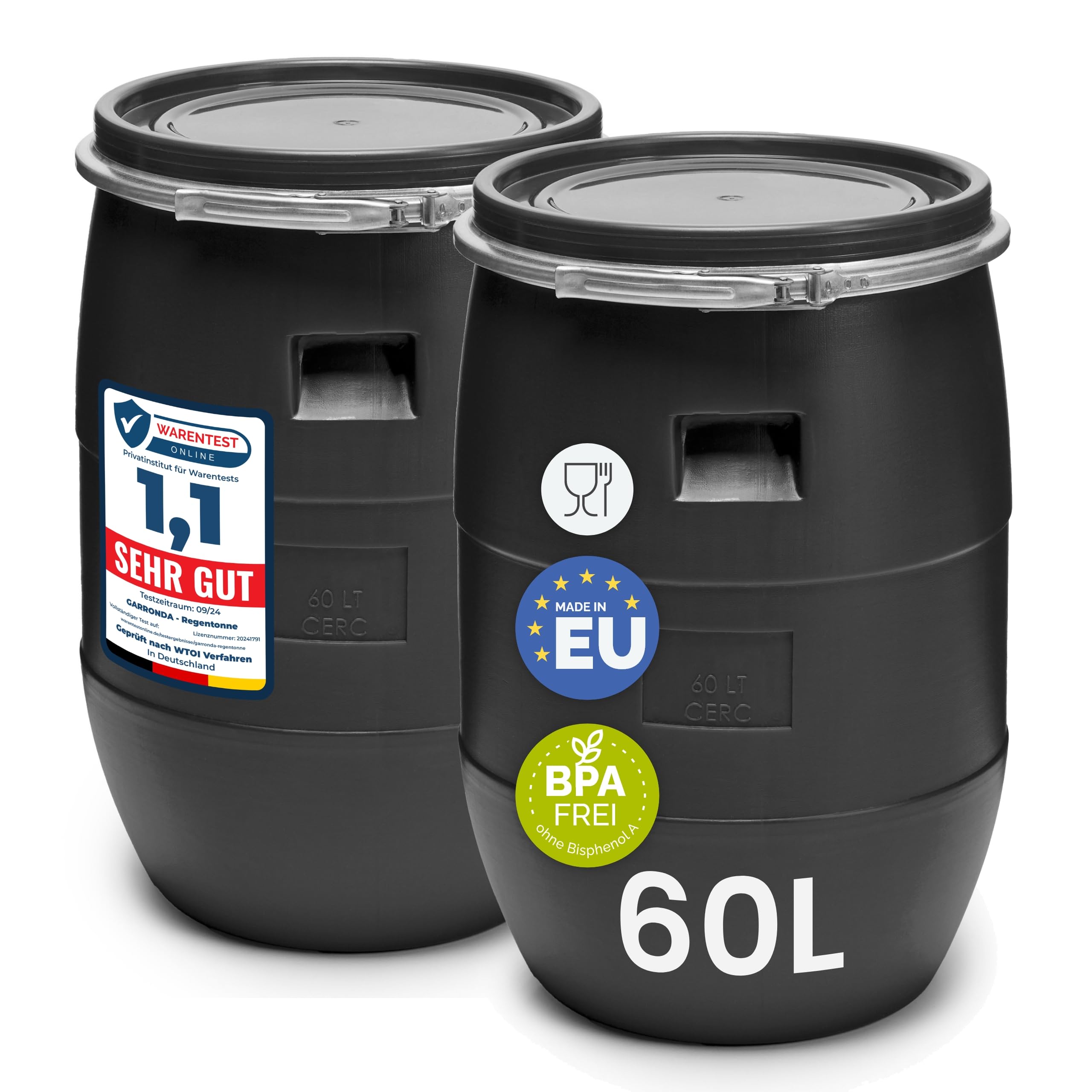 Garronda Set 2X 60 Liter Deckelfass Weithalsfass aus HDPE Regenfass für Garten Fass 60l Wassertonne Futtertonne Wasserbehälter Universalfass Wasserfass Lebensmittelfass Wassertank GD-0122, Schwarz