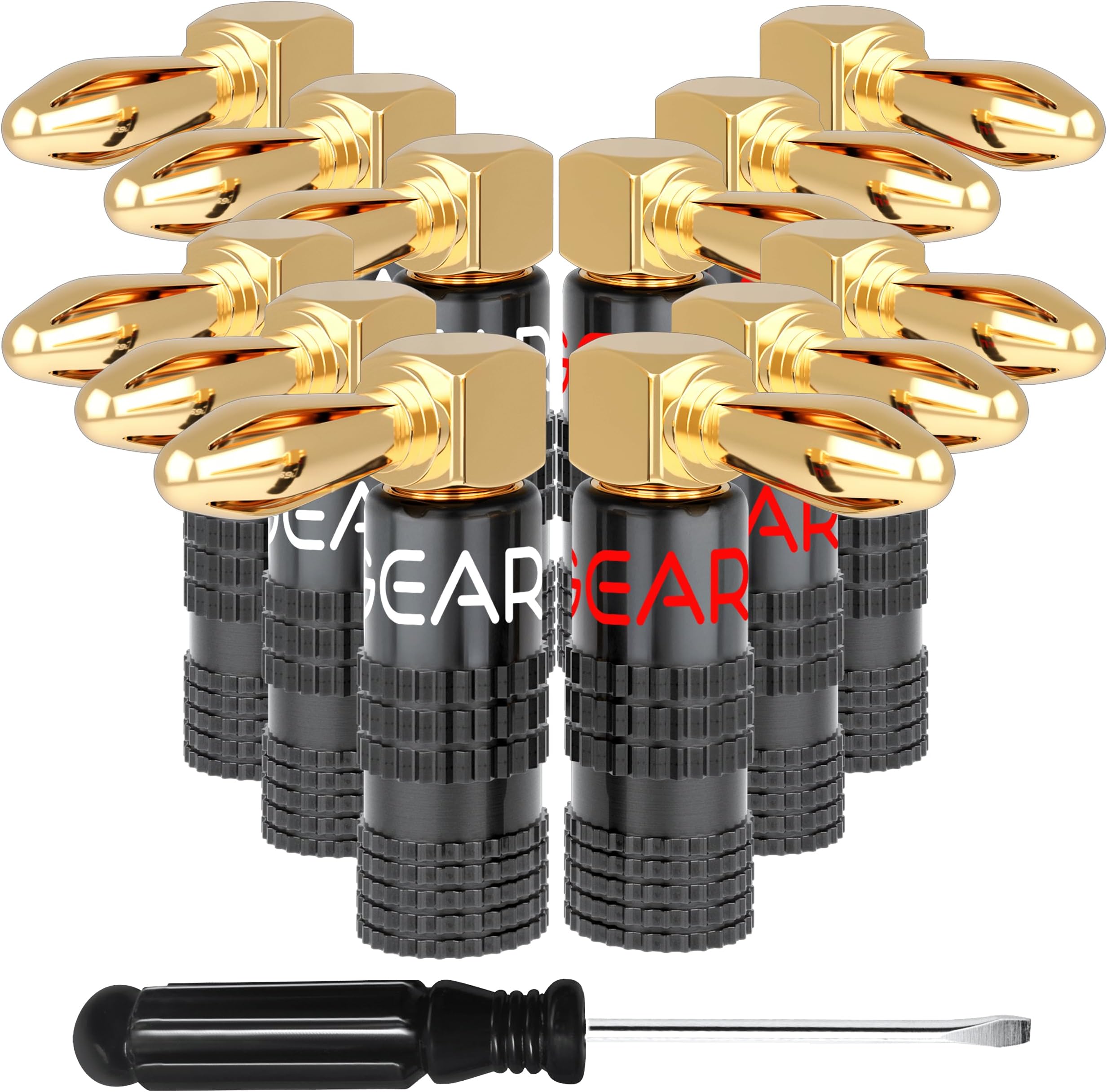 GearIT Right Angle Banana Plugs for Speaker Wire (6 Pairs, 12 Pieces), 90 Degree Pin Plug Type, (Non Conductive Coating) Spring Clips Speaker Banana Jack Terminals (Support 12 AWG to 20 AWG Wires)