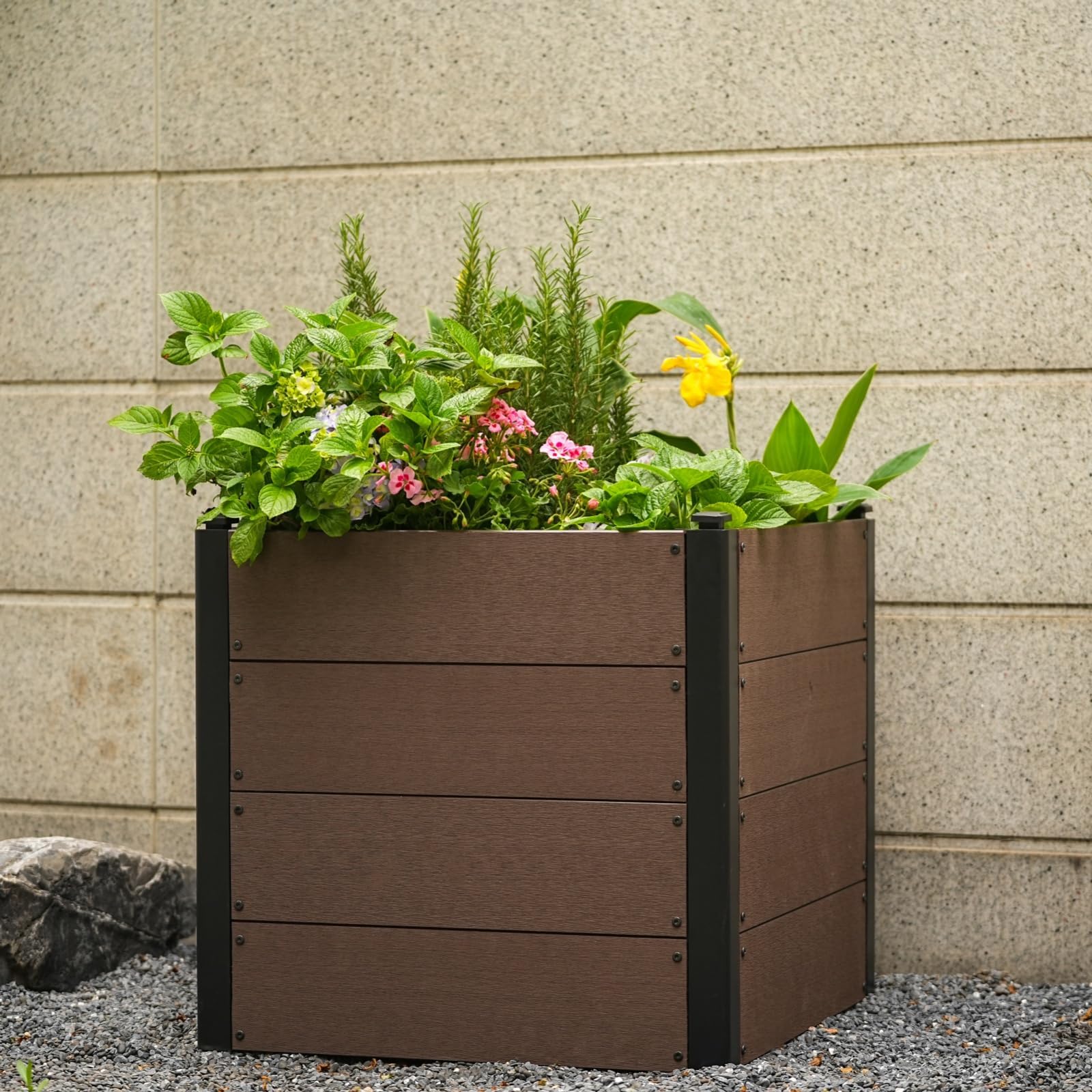 Aptliton With Bottom 64X64x60cm Square Raised Garden Bed, Weather-Resistant Wpc Planter Box With Drainage Holes, Outdoor Elevated Planting Box For Patio Balcony Backyard Vegetables Flowers Herbs,