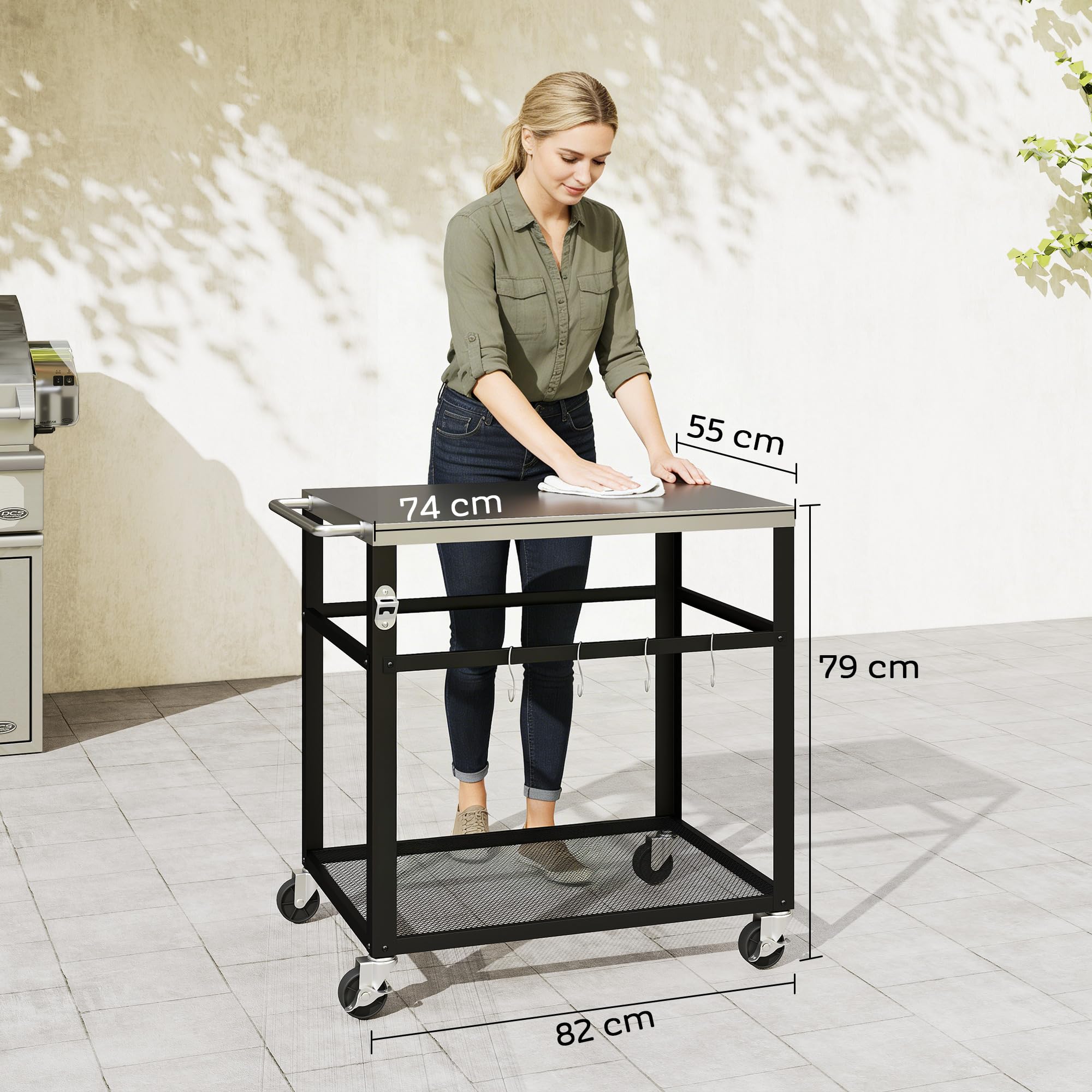 Outsunny Desserte Jardin Chariot de Barbecue sur roulettes îlot de Cuisine Plateau en Acier Inoxydable étagère Ouverte Crochets, poignée et Roues verrouillables, 82 x 55 x 79 cm, Noir