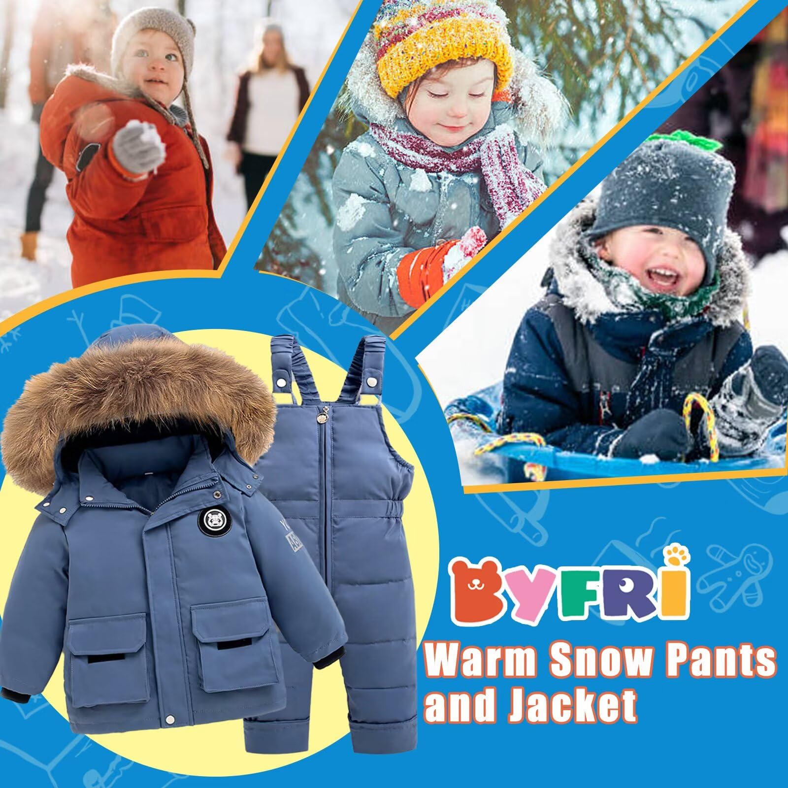 BYFRI Schneeanzüge für Jungen und Mädchen, Daunenjacke mit Kapuze und Skihose, Baby Schneeanzug, Winteranzug für Babys, 18M-4T