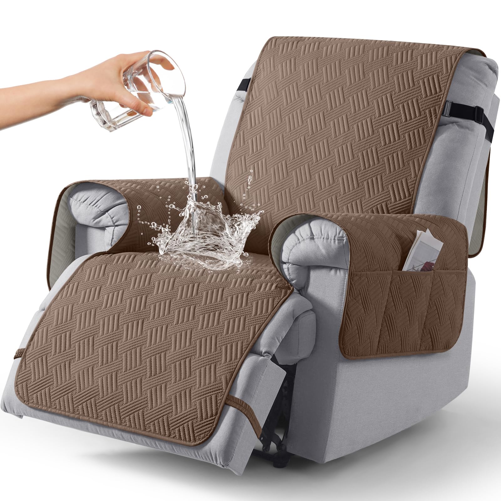 KinCam Waterproof Recliner Chair Cover, Armchair Slipcover with Elastic Straps & Side Pocket, Anti Slip Couch Cover Sofa Protector for Dogs & Pets, Washable Armchair Cover 1 Seater, Brown — image 1