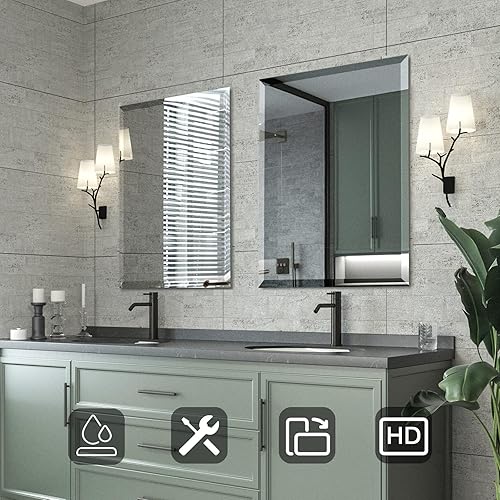 Miniatura 2 de Mirrorons Espejo biselado, espejos de baño para pared de 24 x 32 pulgadas, espejo de baño rectangular sin marco con borde biselado, se cuelga