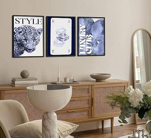Miniatura 4 de 3 piezas de arte de pared con estampado de leopardo de moda, color azul marino y azul marino, impresiones en lienzo retro estéticas con beso, labios