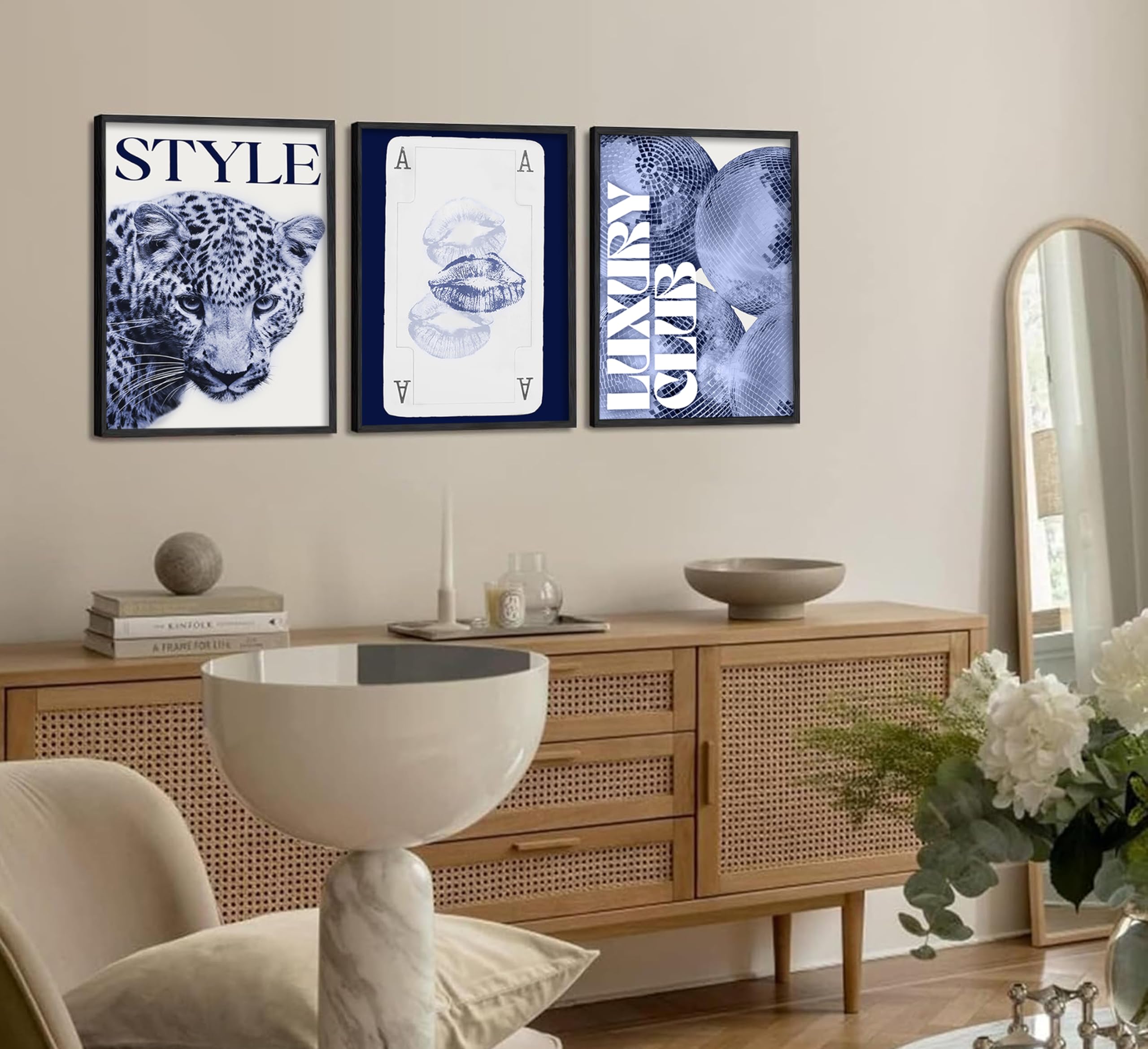 Wandkunst, trendiger Leopardenmuster, flippig, marineblau, adrett, DiscoBall, Leinwanddruck, Retro, ästhetisch, blaue Kusslippen, Kokette, Mädchenzimmer, Dekoration für Schlafsaal, Dekoration