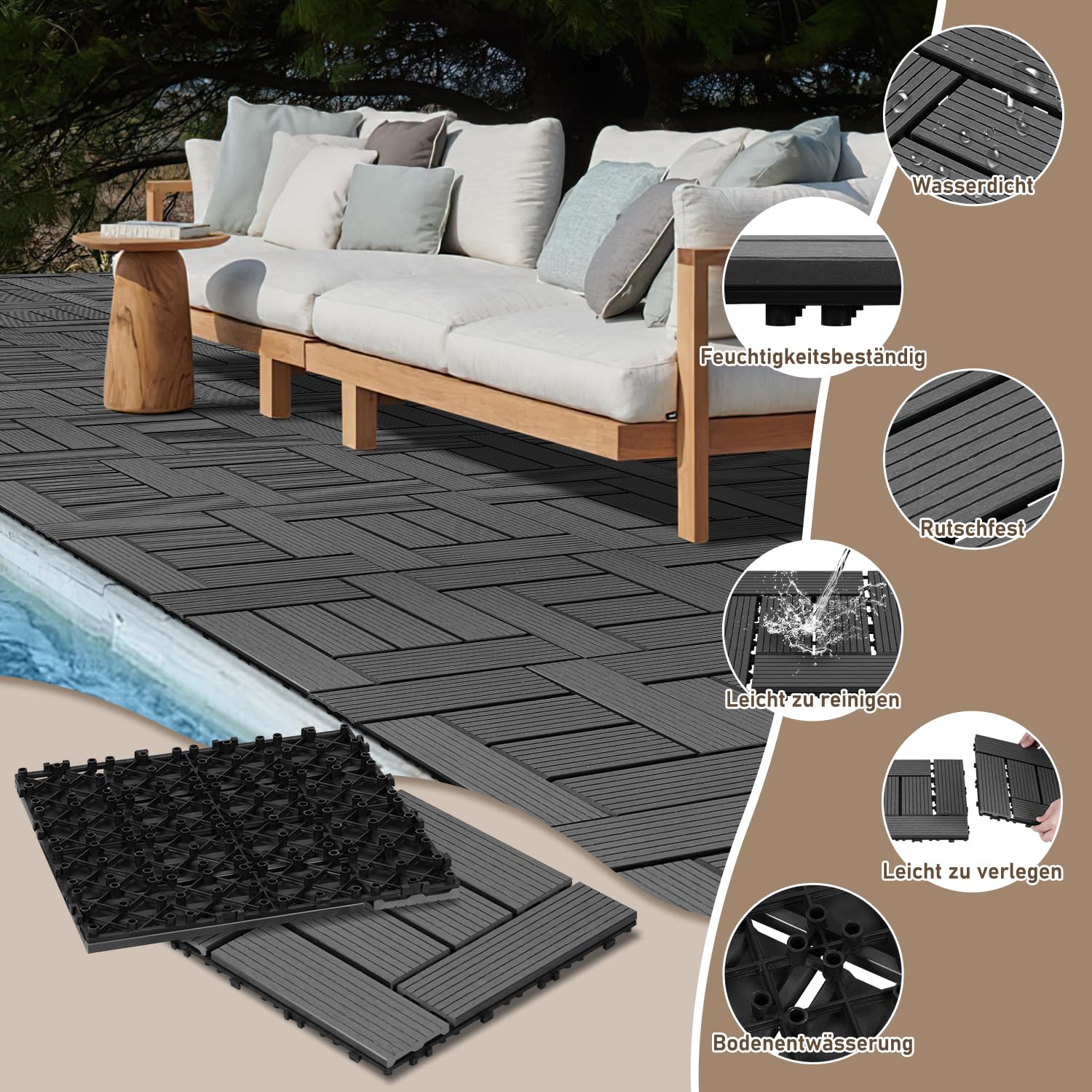 55er Pack WPC Terrassenfliese, Anthrazit Balkonfliesen 30x30cm - 5m², Ideal für den Außenbereich Klickfliesen für Balkon, Garten, Terrasse, Bodenbelag Einfach, Schnell und Praktisch Verlegt