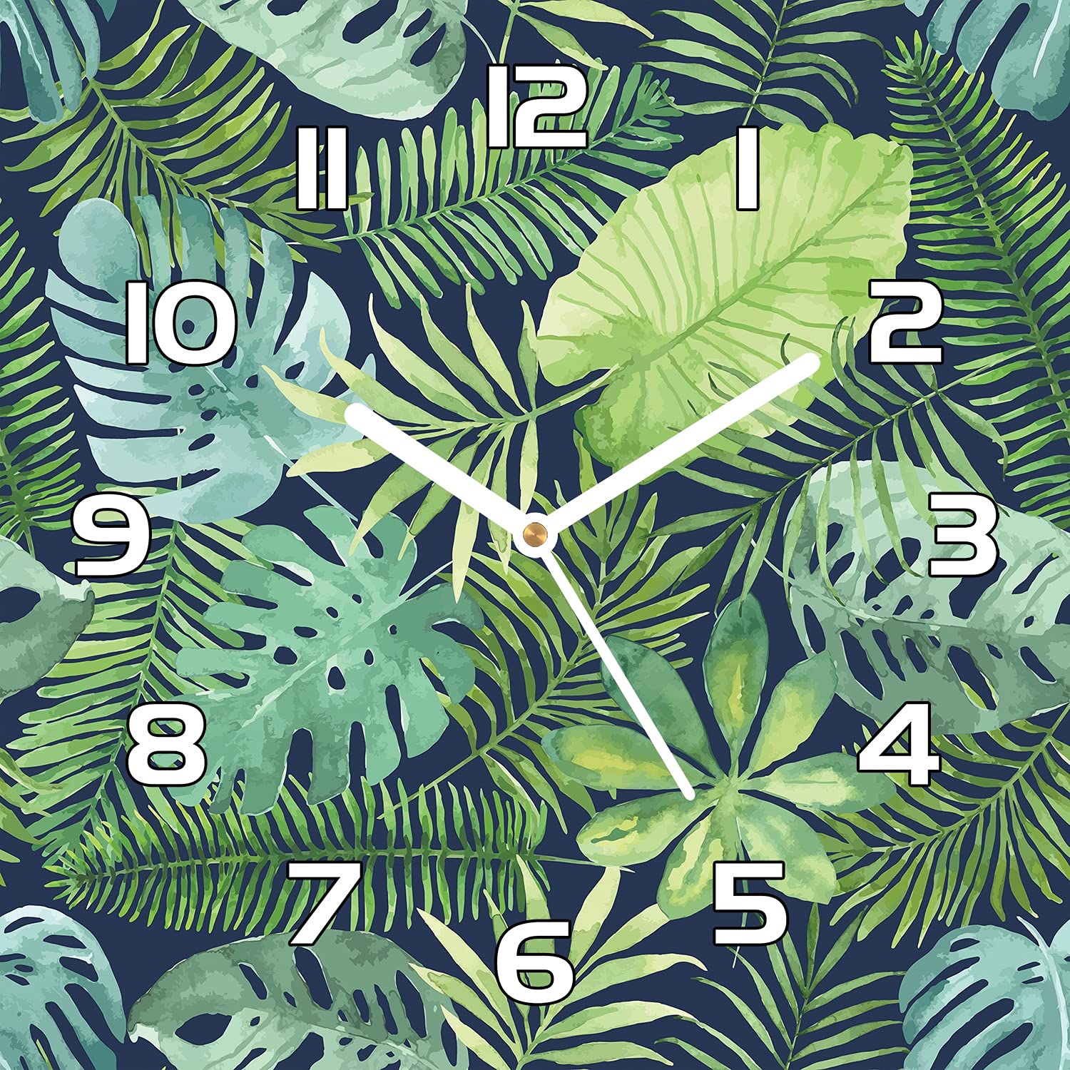 Horloge en verre murale 30x30 cm Coloray avec motif feuilles de la marine et aiguilles noires