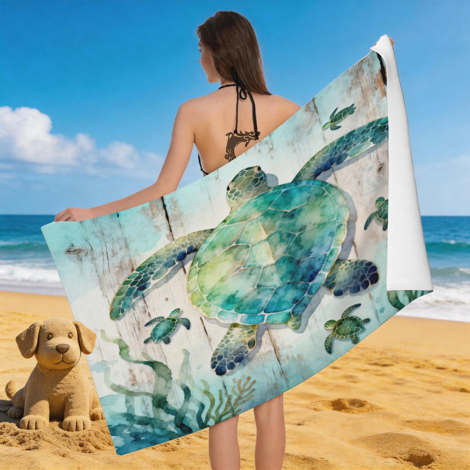 Leichong 3D Watercolor Sea Turtle Beach Towel Large Microfiber Soft Quick Dry for Adults, Animal Print Bath Towel Lightweight Soft Absorbent for Travel Swimming Pool Sports, 180 x 90 cm