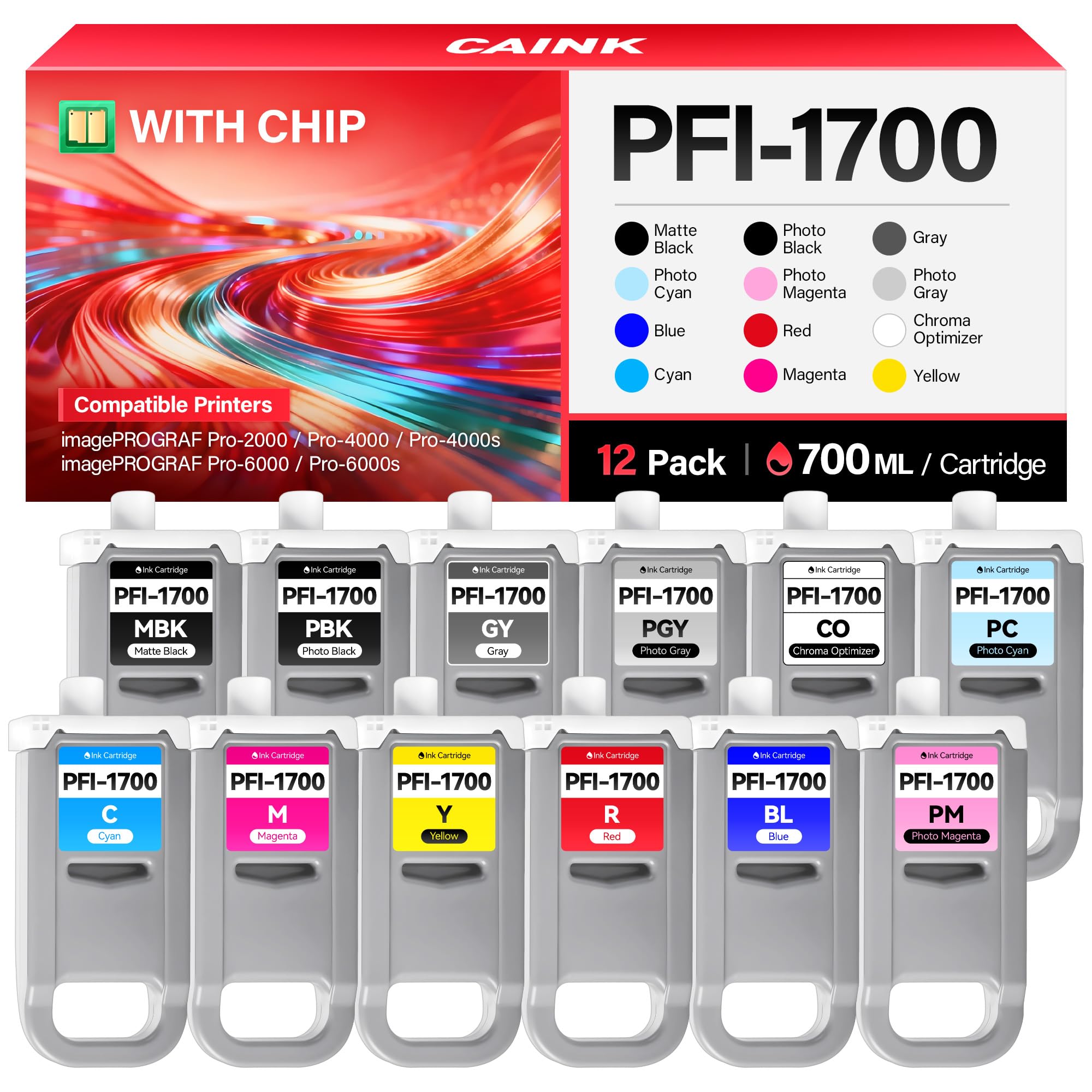 PFI-1700 Pigment Ink Tank Set 12-Pack 700ml High Capacity Replacement for Canon PFI-1700 PFI1700 Ink Cartridges Compatible for Canon imagePROGRAF Pro-2000 Pro-4000 Pro-4000s Pro-6000 Pro-6000s Printer