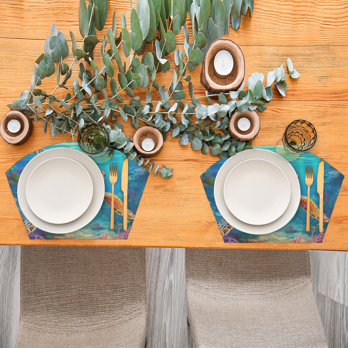 TropicalLife Round Table Placemats Ocean Turtle Wedge Placemat with Centerpiece Round Mat, Heat Resistant Table Mats, Set of 5 Placemats for Dining Table
