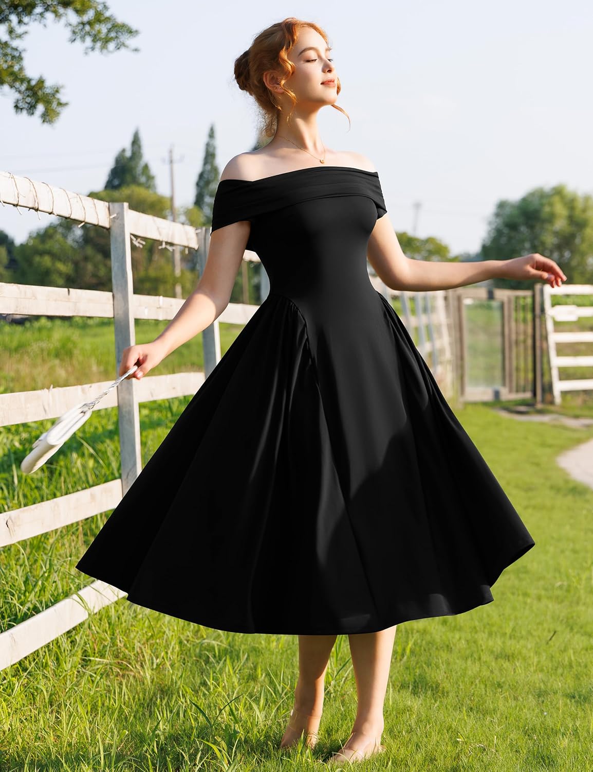 YMDUCH Women's Elegant Off Shoulder Short Sleeve A line Flowy Swing Cocktail Party Long Dress - Image 5